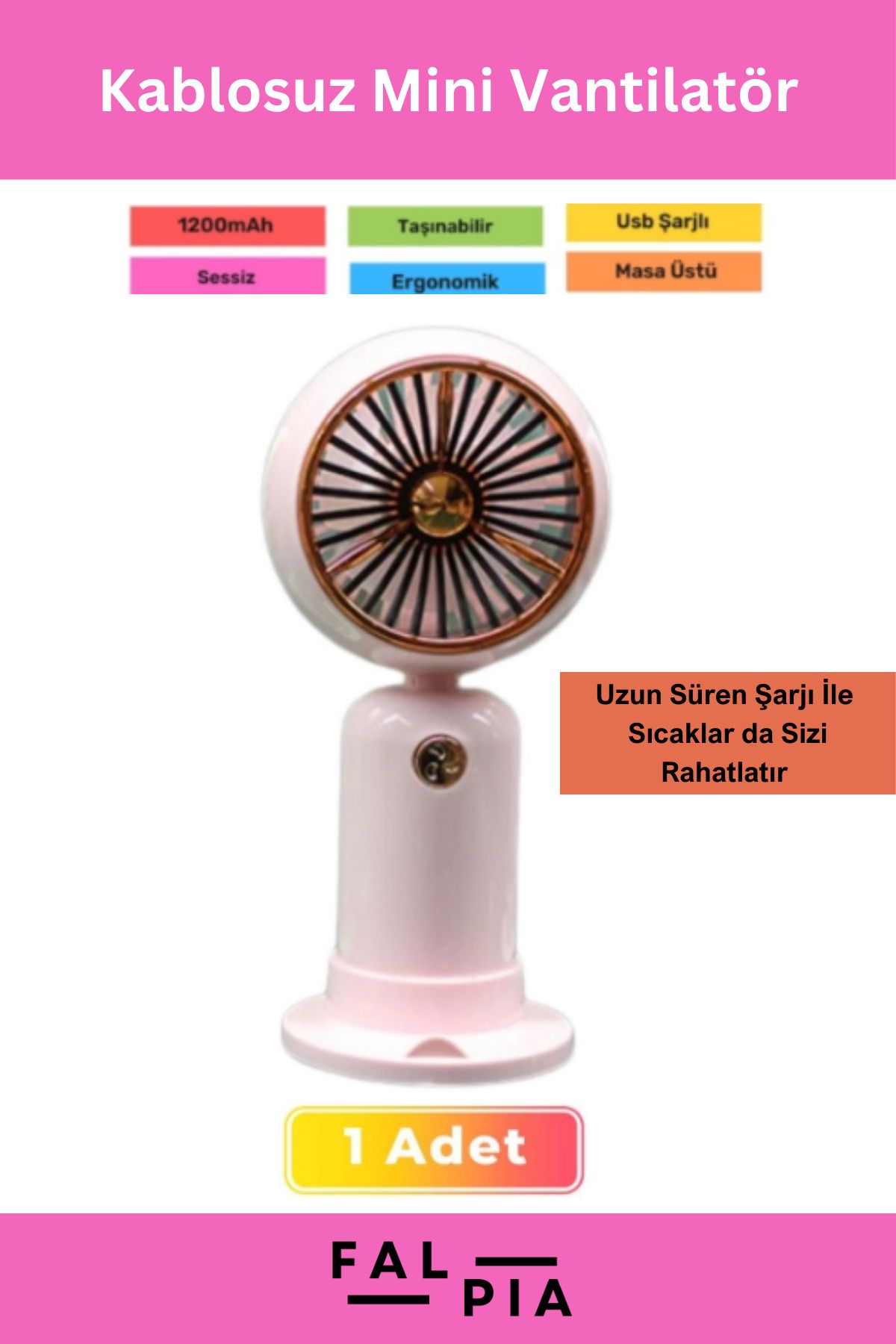 Falpia Ultra Sessiz 2 Kademeli Fanlı Kablosuz 1200mAh Hafif Taşınabilir Usb Şarjlı Masa El Fanı Vantilatör