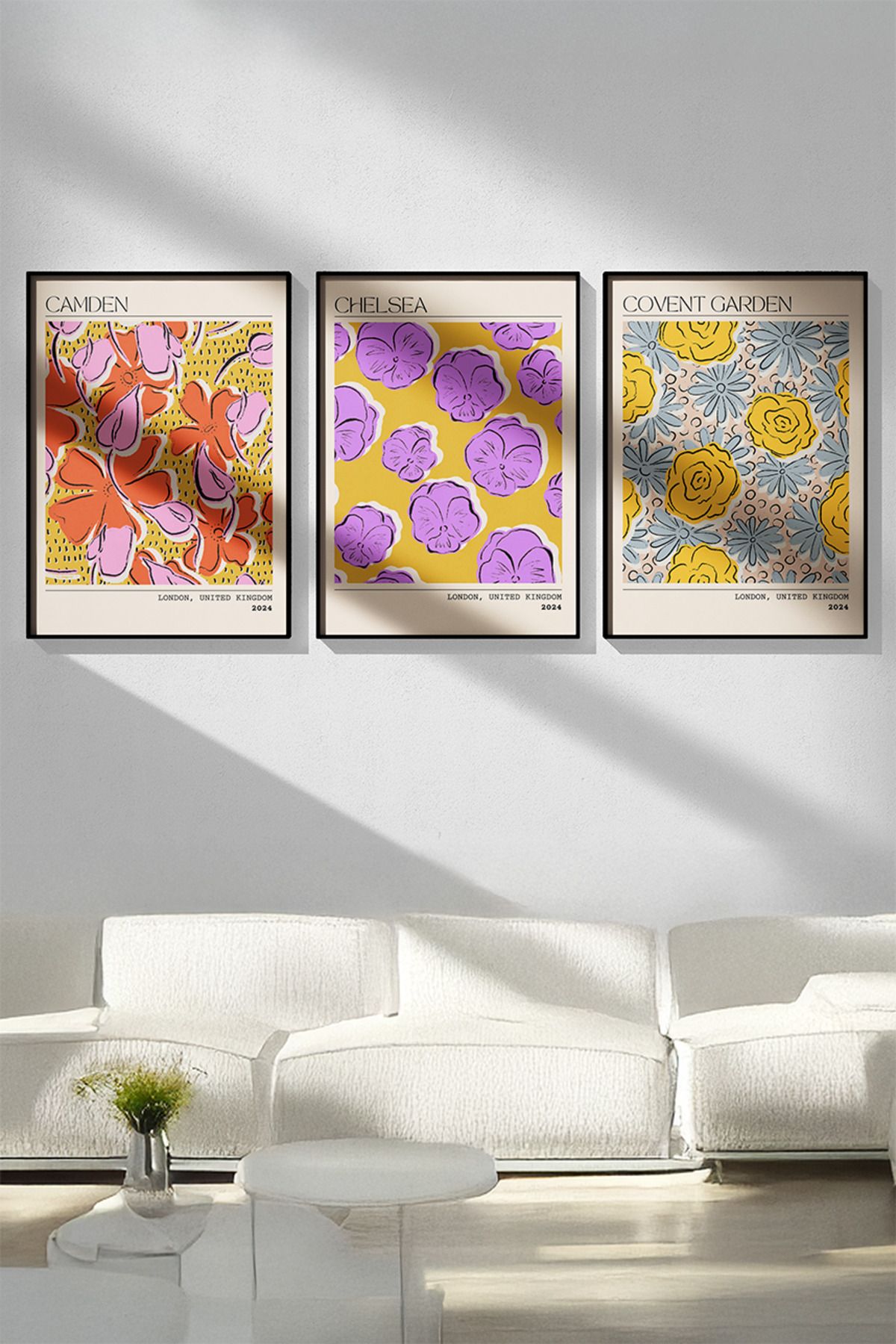 baselith Renkli Çiçek Desenli Üçlü Duvar Posteri Seti - Sarı, Mor ve Pembe Modern Floral - Çerçevesiz Baskı