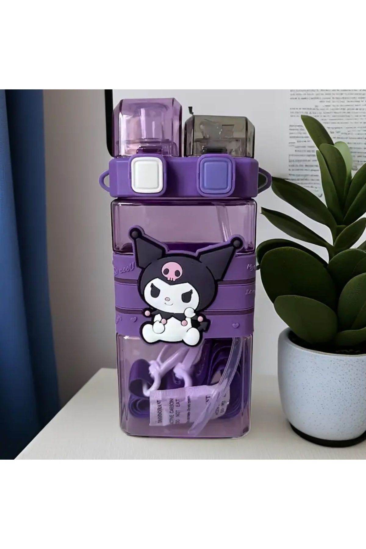 seyuse Kuromi figürlü Çocuk Suluk Matara 520ml Askılı iki Bölmeli Kapak Plastik Sanrio Kore Tarzı Mor