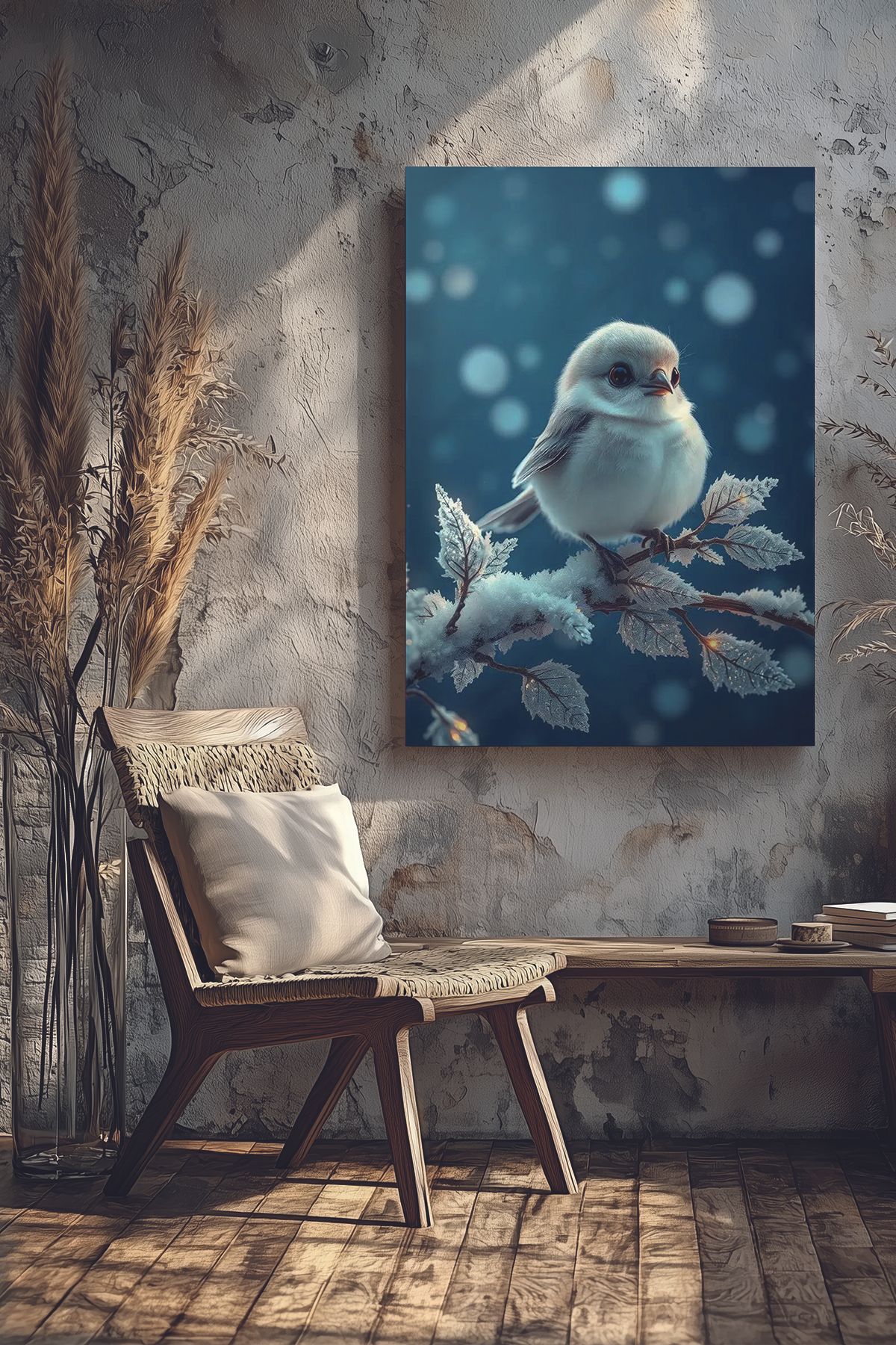 Store Beyaz Tüylü Donmuş Dalda Huzur Dolu Kuş Premium Kanvas Tablo
