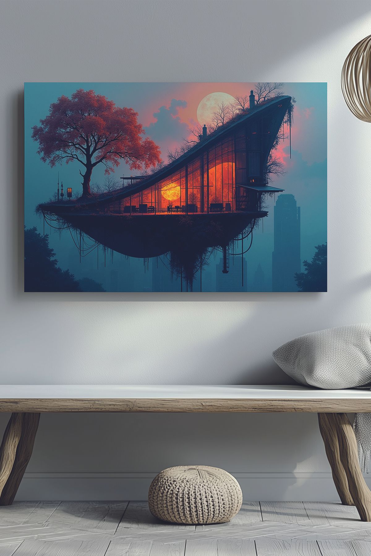 Store Gökyüzünde Süzülen Fantastik Ev Premium Kanvas Tablo