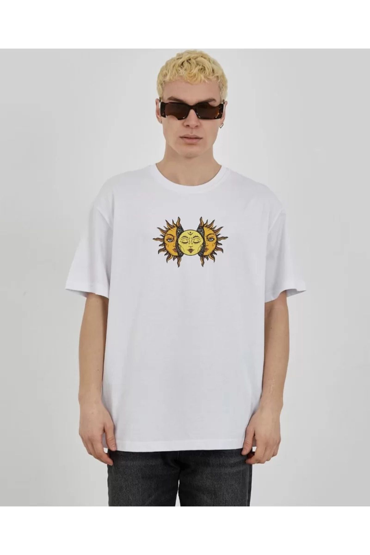 BBbutik Unisex Bisiklet Yaka Baskılı Oversize Güneş Detaylı T-Shirt