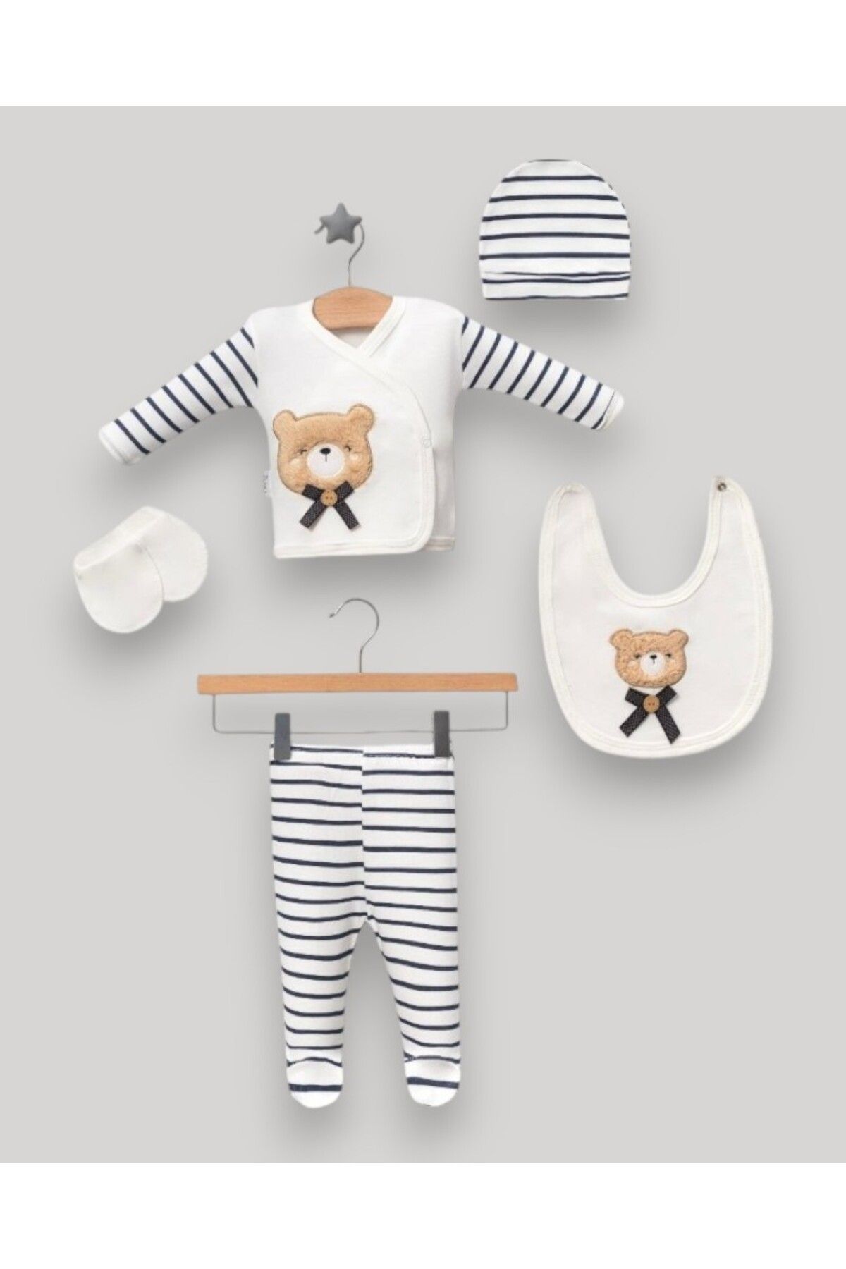 MINNOOSH BABY Erkek Cizgili Ayıcık 5li Yenidoğan Seti