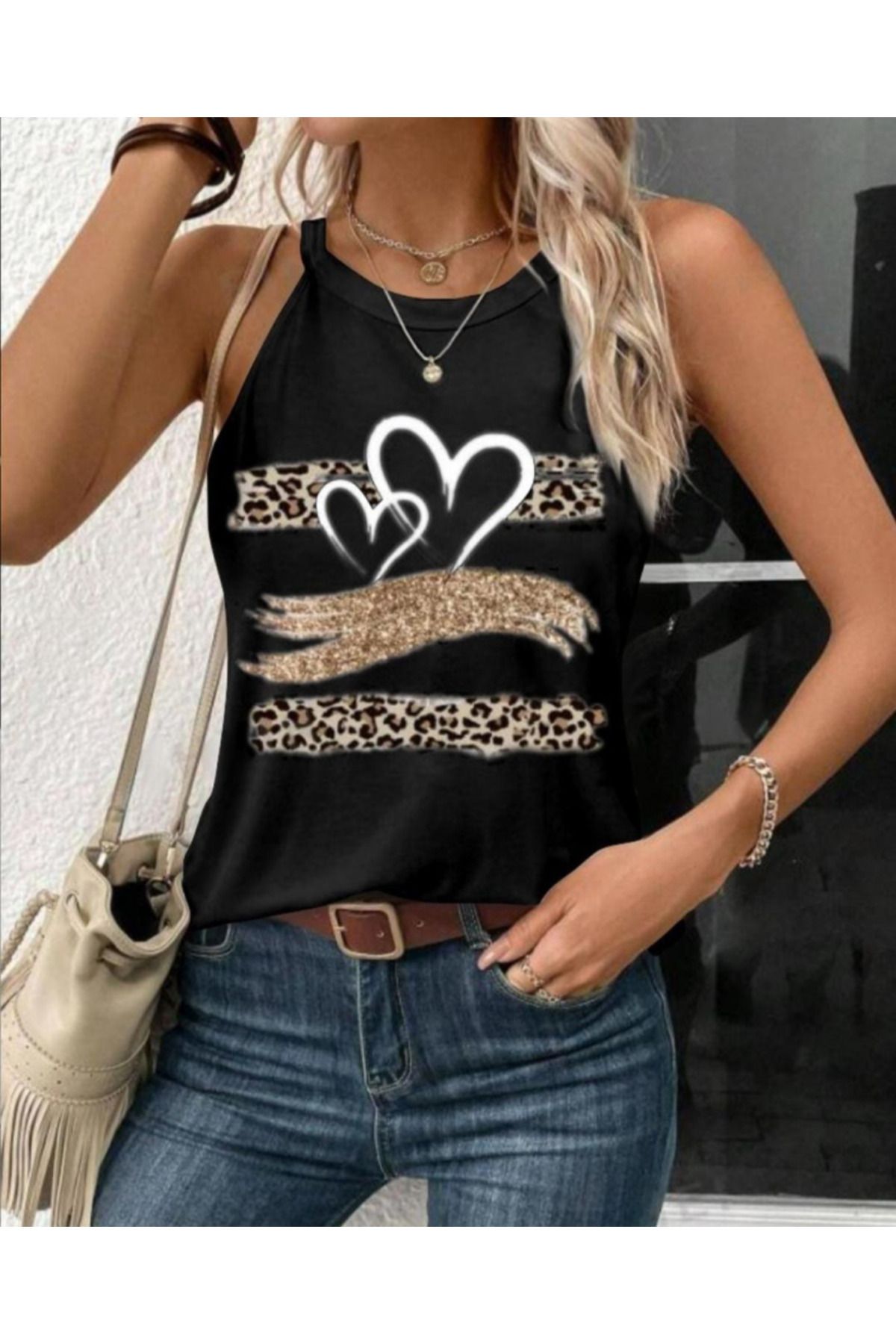 Kokosh moda Kadın Sıfır Kol Halter Yaka Kalp Baskılı Viskon Bluz