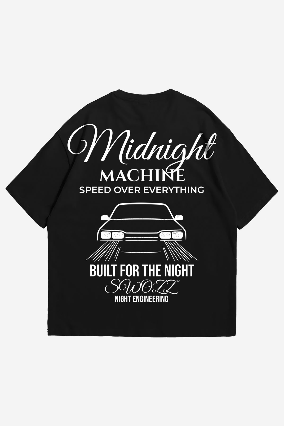 swOzz Siyah Oversize Erkek Tişört – Midnight Machine Tasarımı | SWOZZ Streetwear Koleksiyonu