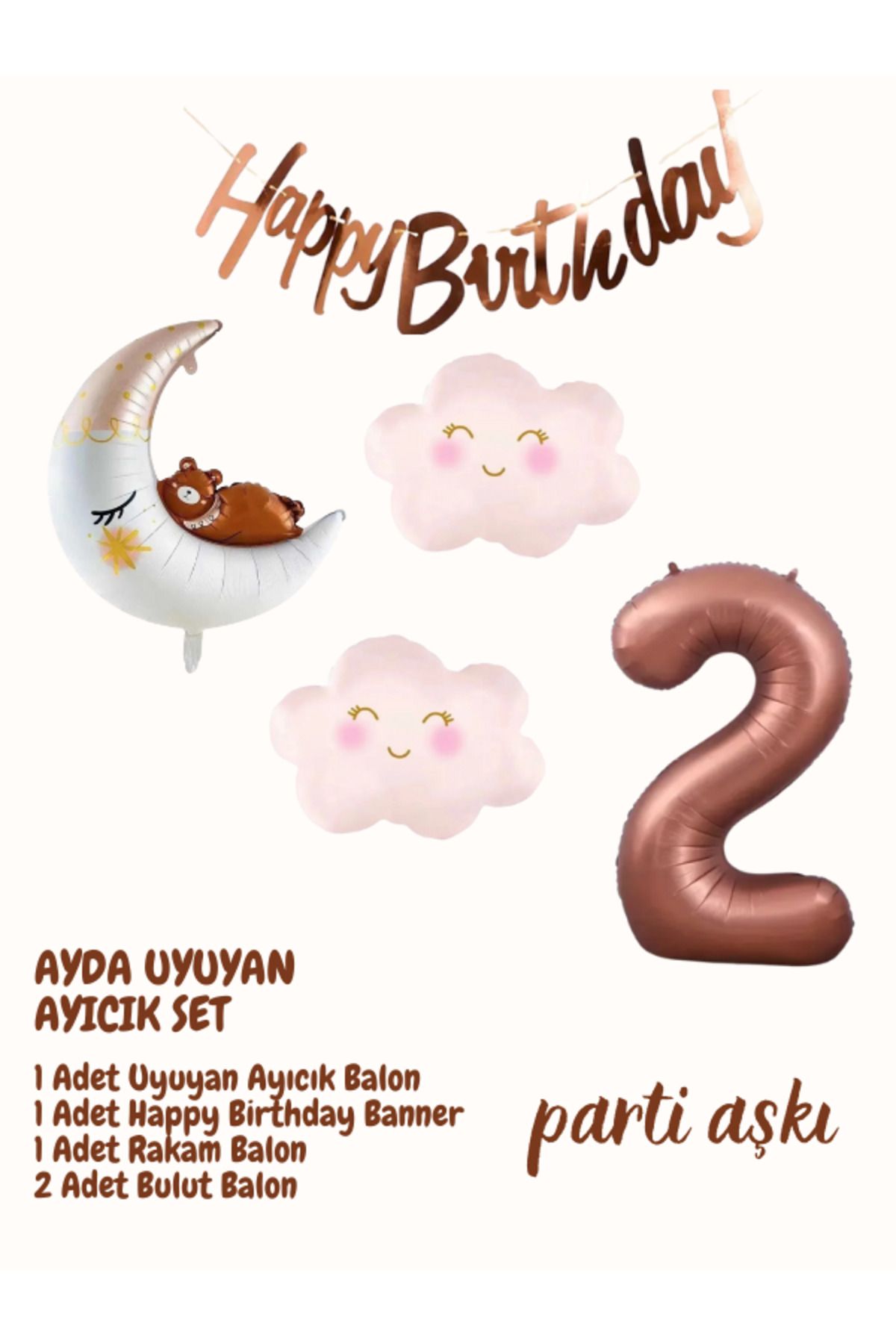 PARTİ AŞKI 2 Yaş Ayda Uyuyan Sevimli Ayı 5'li Balon Seti & Kız Çocuk Bebek Konsept Doğum Günü Balon Seti