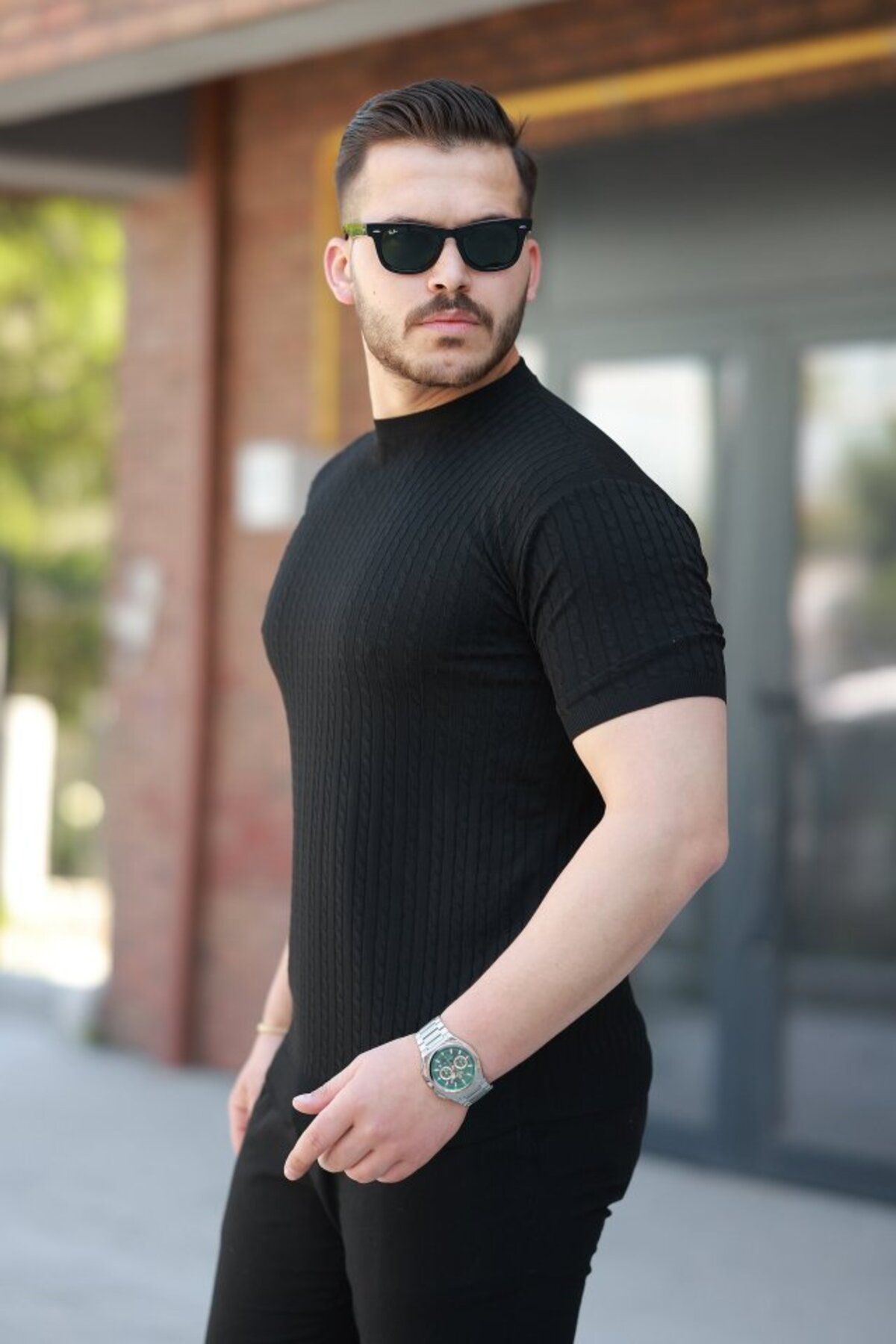 SEYAM Erkek Bisiklet Yaka örgü Desenli Kısa örme Triko Kısa Kollu T-shirt