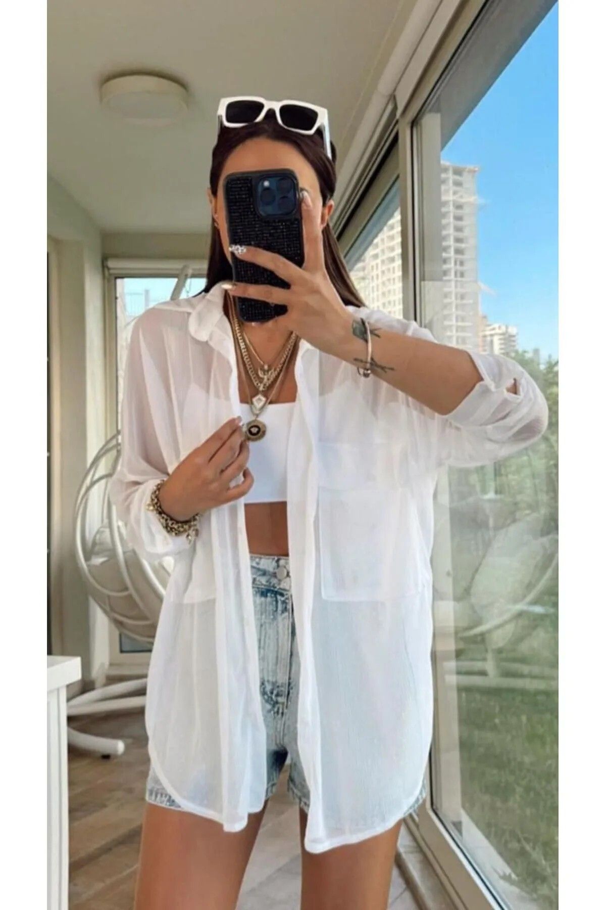 fatma keskin linna butik Kadın Basic Tül Gömlek Beyaz