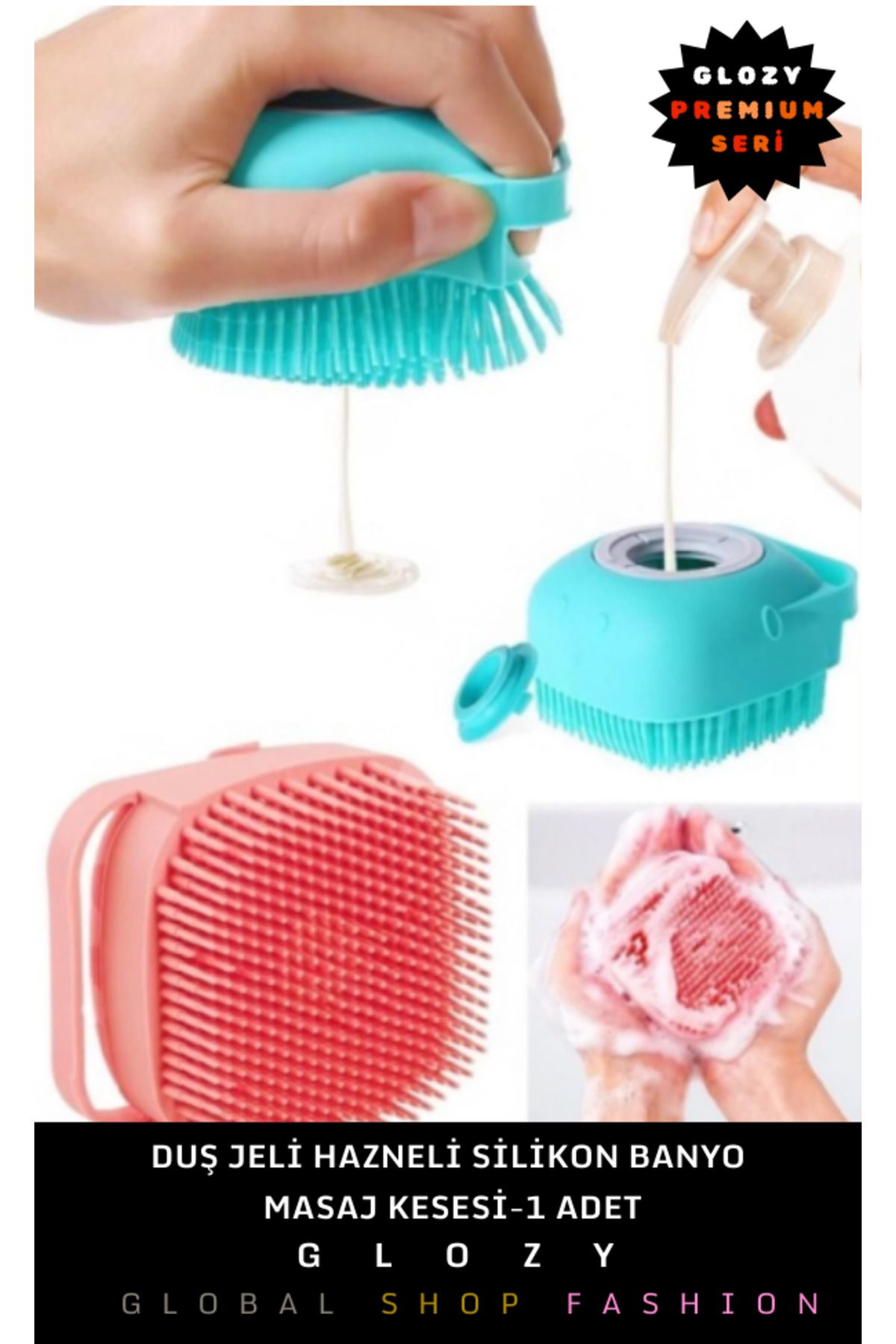 GLOZY Premium Seri Duş Jeli Hazneli Çocuk Bebek Kedi Köpek Masaj Başlıklı Banyo Fırçası Lif Kesesi