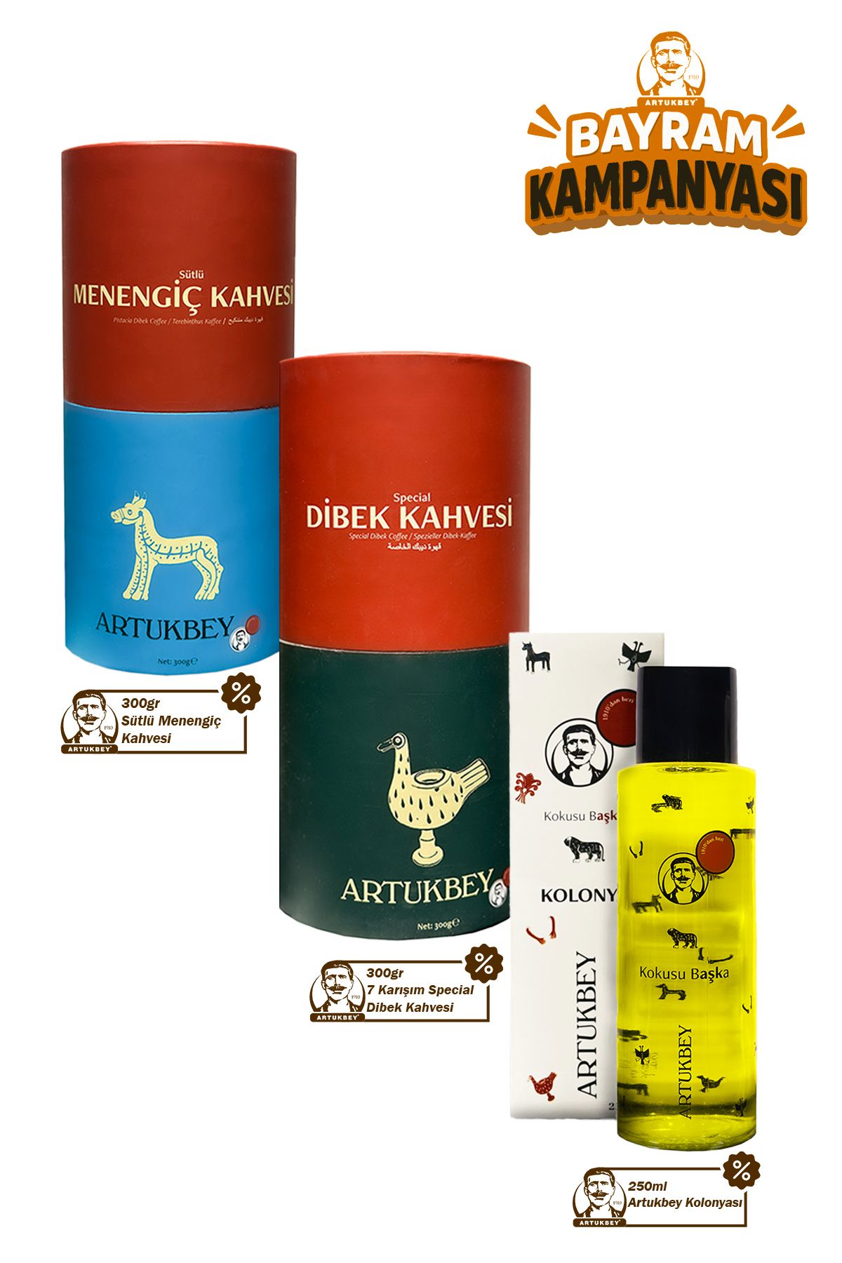 ARTUKBEY 3'lü Ekonomik Bayram Seti (Menengiç Kahvesi+7 Karışım Dibek Kahvesi + Kolonya)