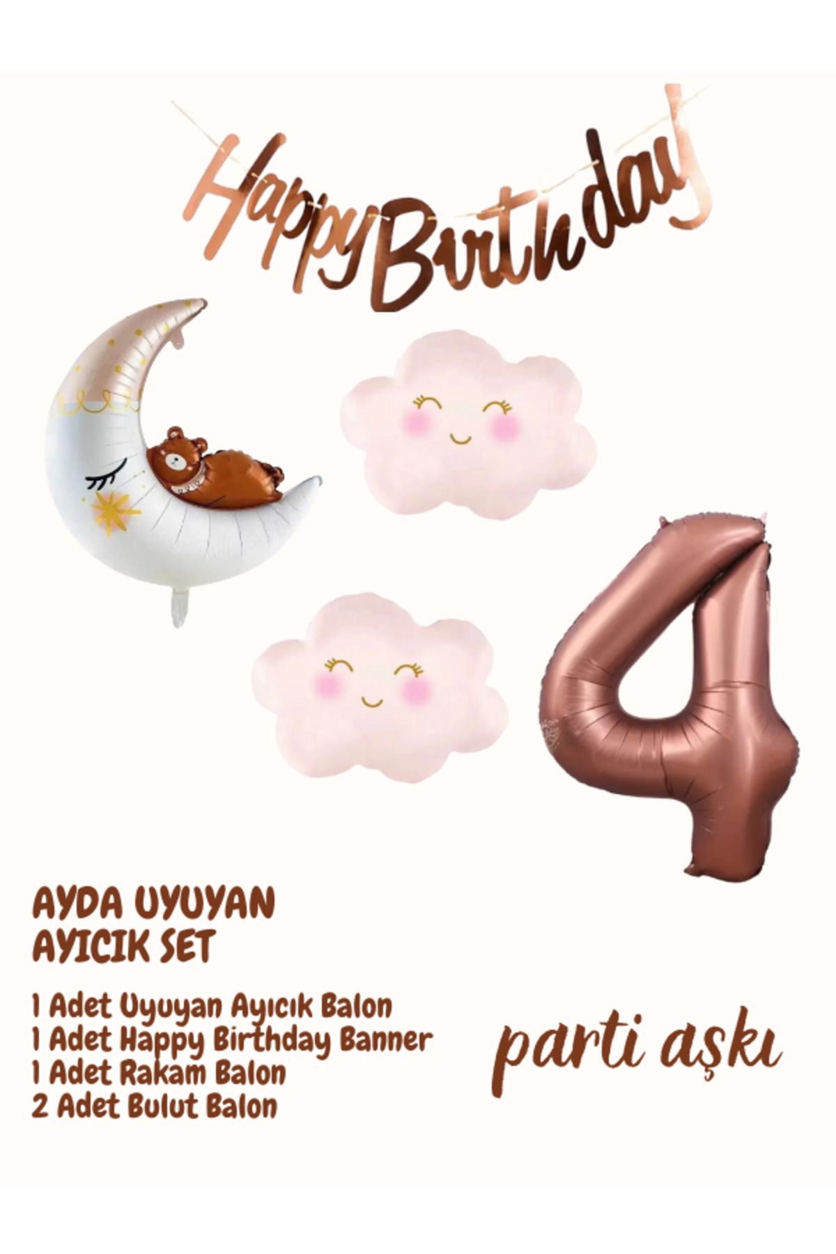 PARTİ AŞKI 4 Yaş Ayda Uyuyan Sevimli Ayı 5'li Balon Seti & Kız Çocuk Bebek Konsept Doğum Günü Balon Seti