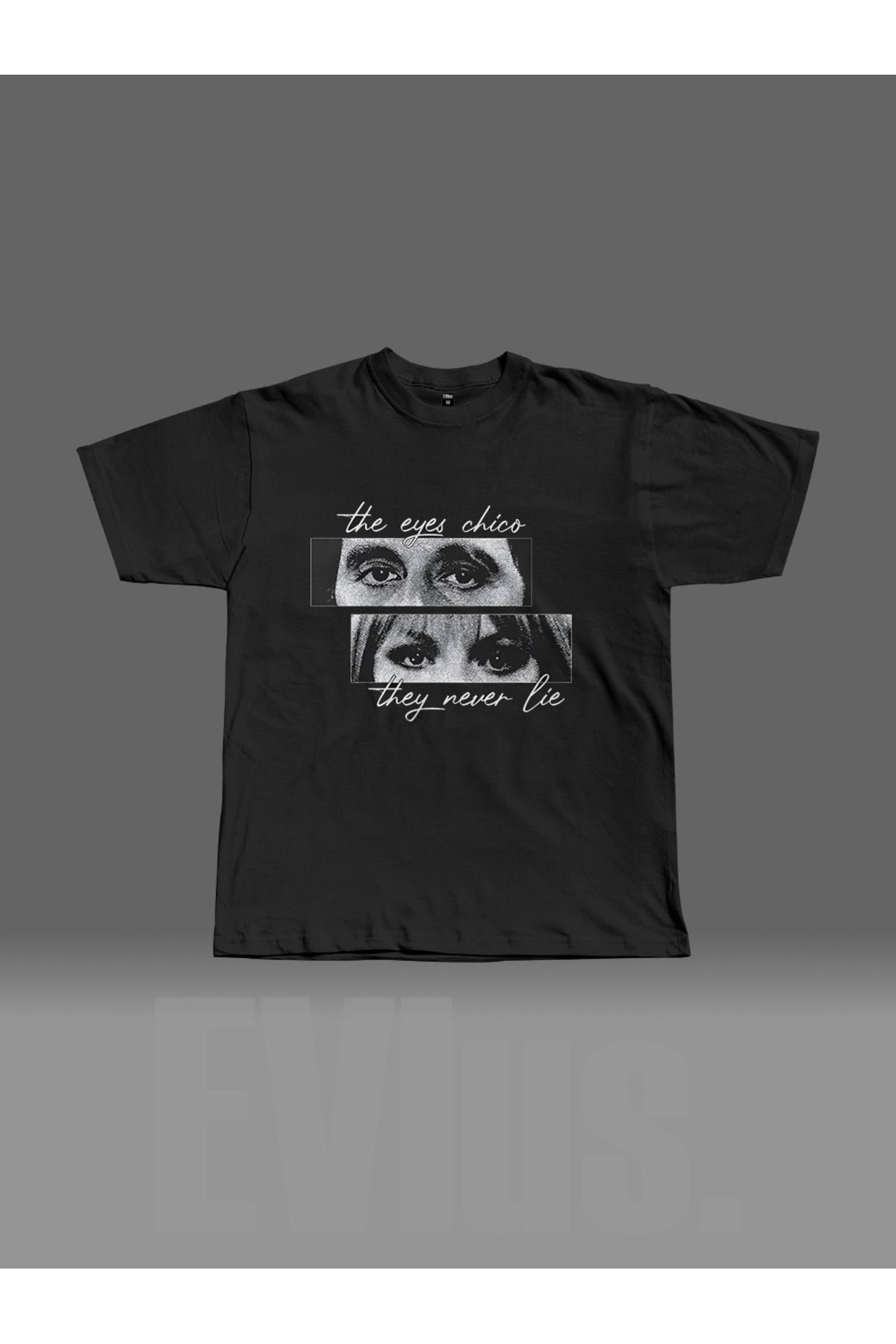 EVIus Oversize Eyes Never Lie Baskılı Bisiklet Yaka T-Shirt