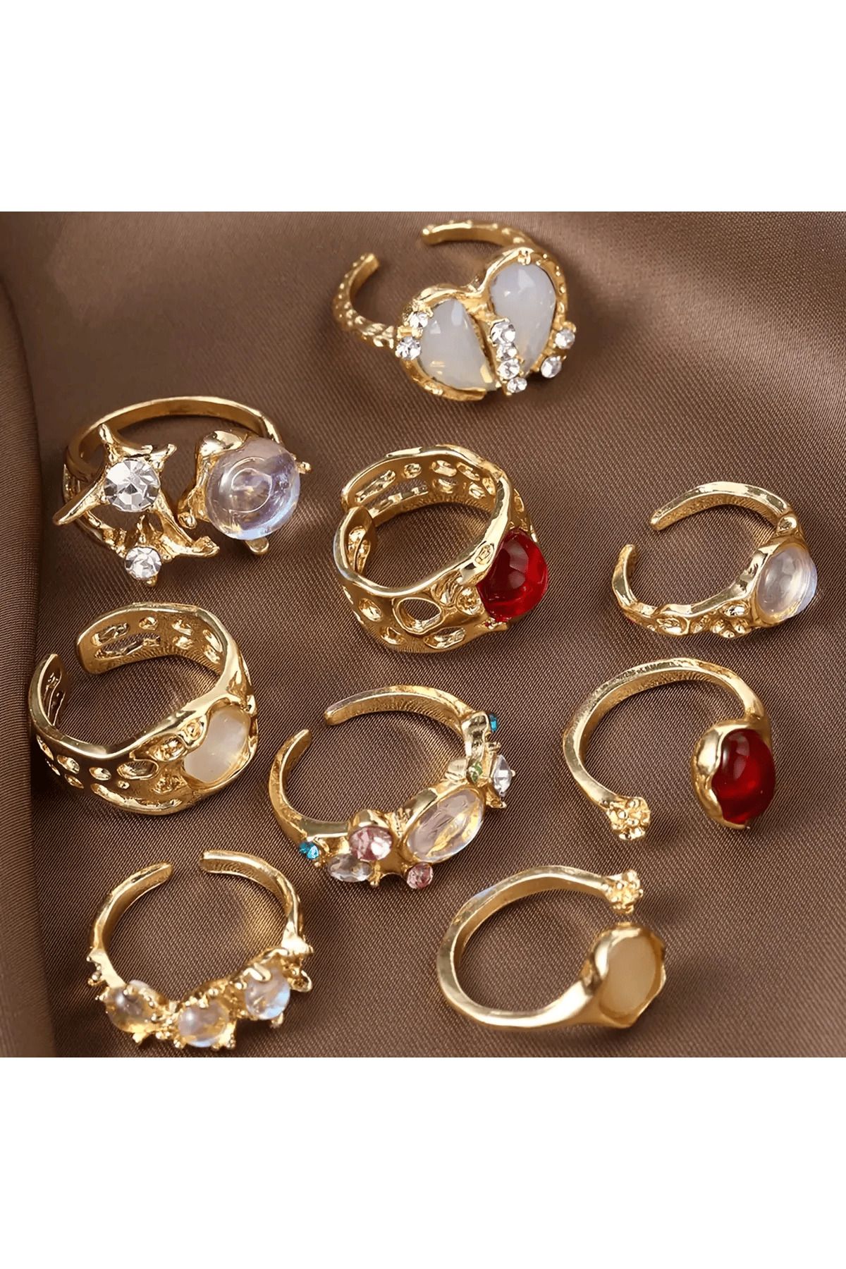 Zümrüt OYUNCAK&HOME 9 Adet Vintage Kristal Taşlı Şık Tasarım Ayarlanabilir Gold Altın Yüzük Seti