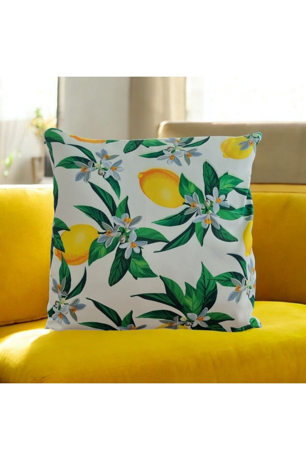 Mutlu Köşe Dijital Baskı Limon Çiçeği Detaylı Pamuklu Kırlent Kılıfı