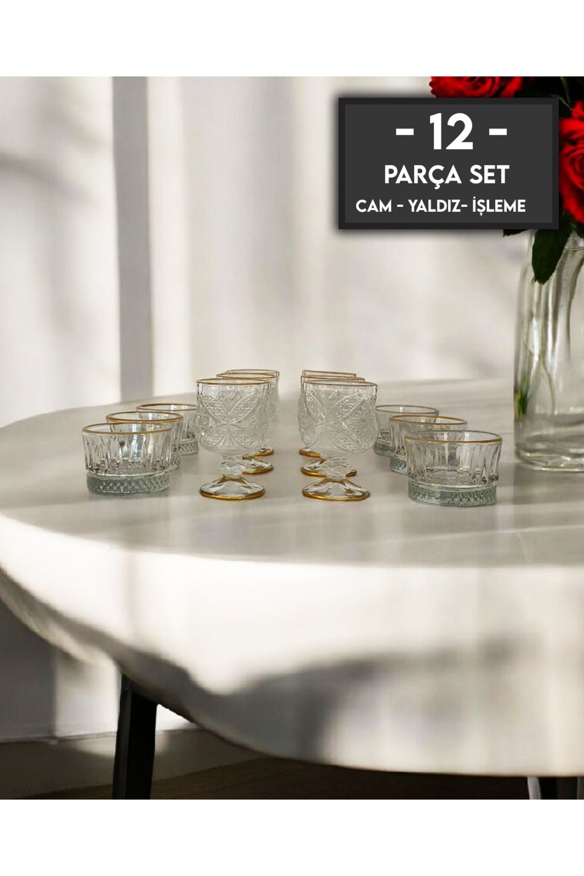 gkzglass home dekor Orkide RYN Cam Yaldızlı Kahve Yanı Su Bardağı Takımı Sunum Seti 12'li Set