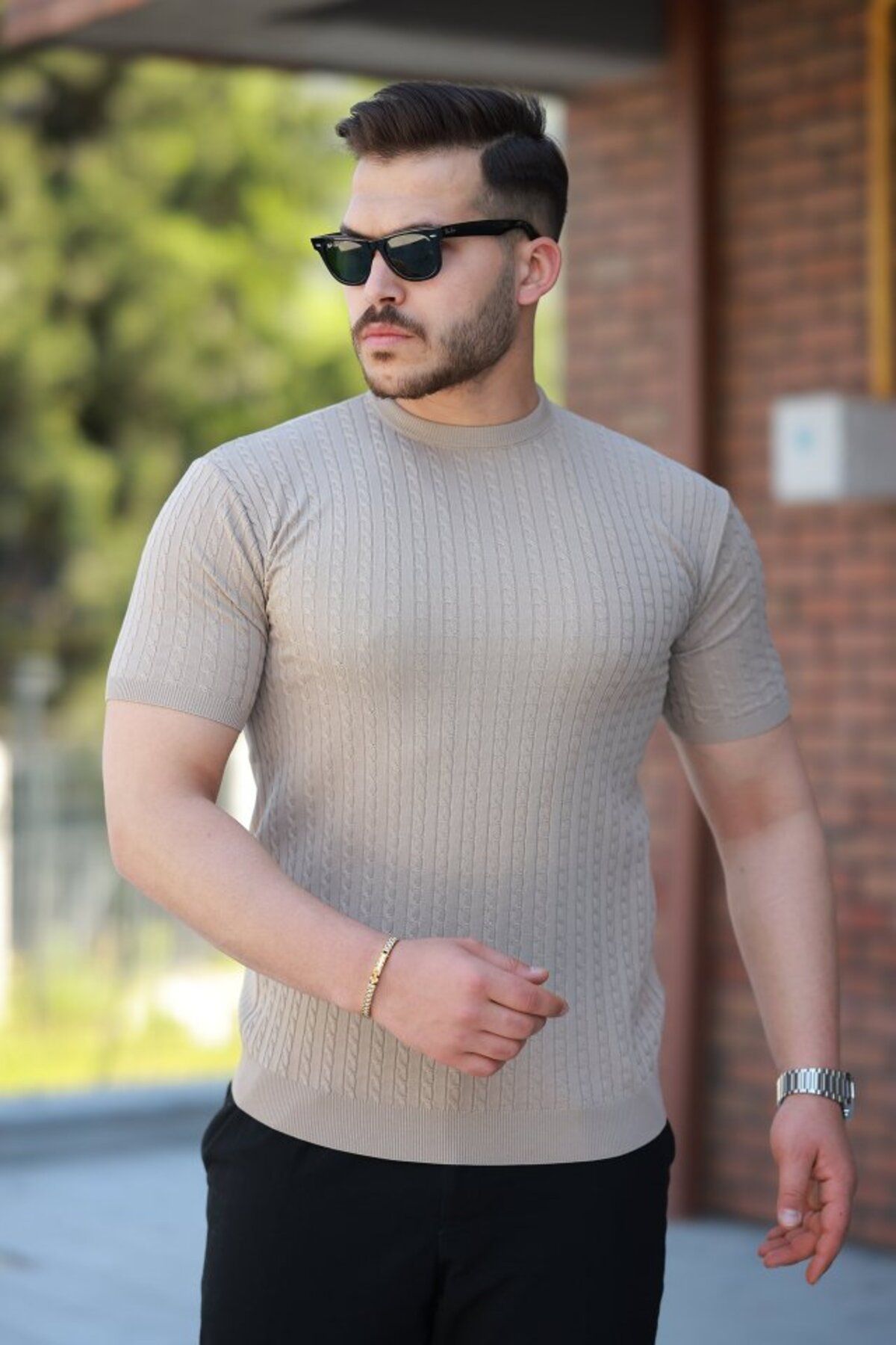 novafems Erkek Bisiklet Yaka örgü Desenli Kısa örme Triko Kısa Kollu T-shirt