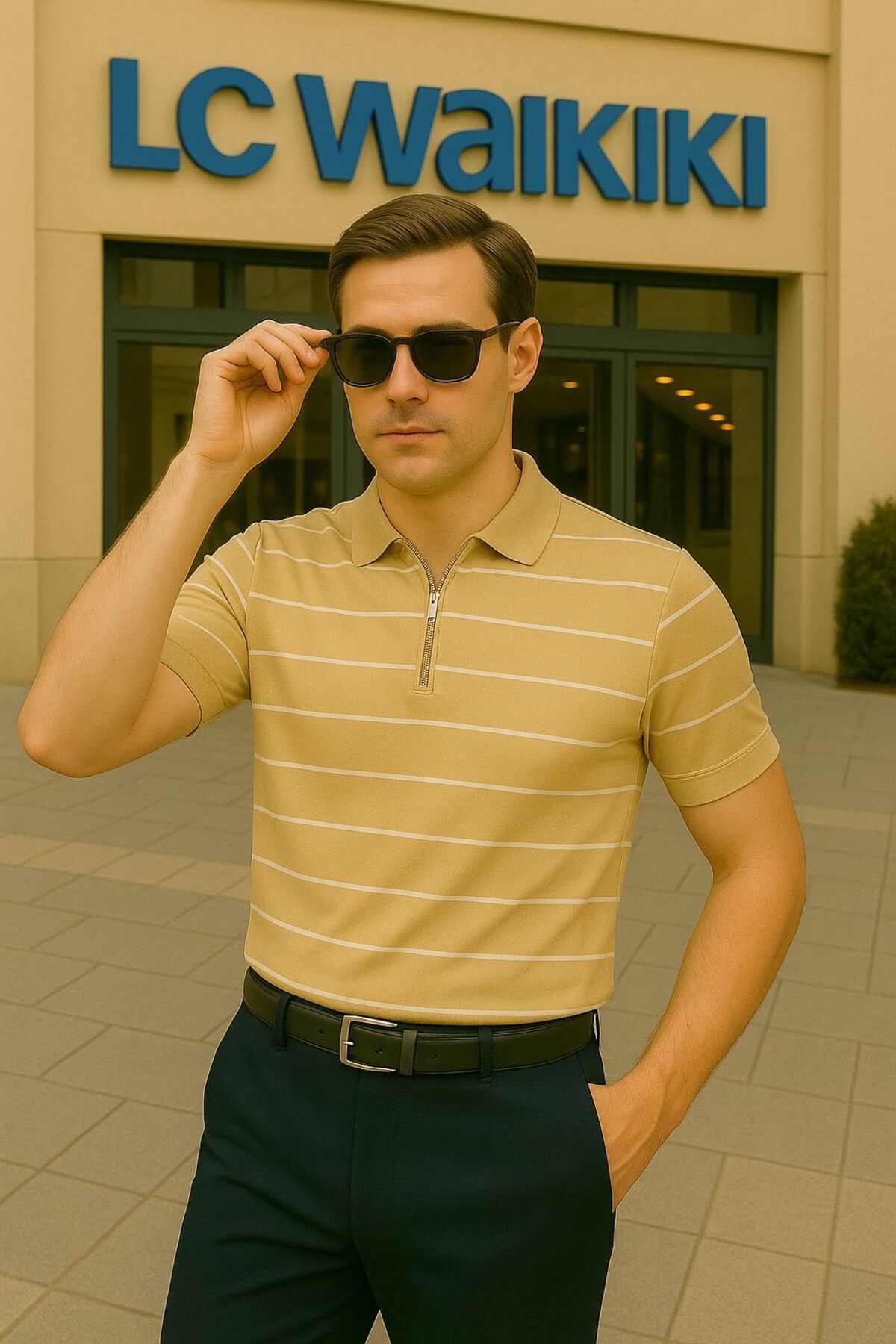 LC Waikiki Polo Yaka, Fermuarlı, Modern Fit Kısa Kollu Erkek Çizgili Triko Tişört - Çizgili Tasarım