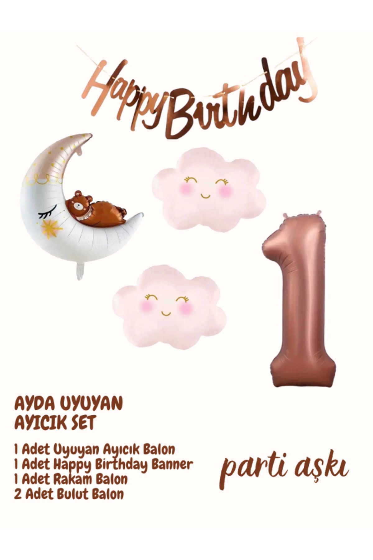 PARTİ AŞKI 1 Yaş Ayda Uyuyan Sevimli Ayı 5'li Balon Seti & Kız Çocuk Bebek Konsept Doğum Günü Balon Seti