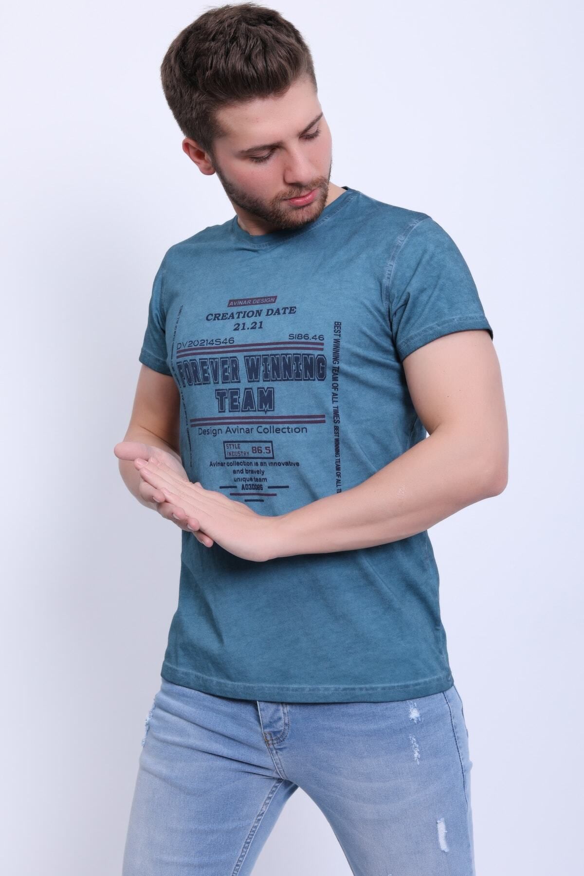 Avinar Unisex Bisiklet Yaka Baskılı Yıkamalı T-shirt
