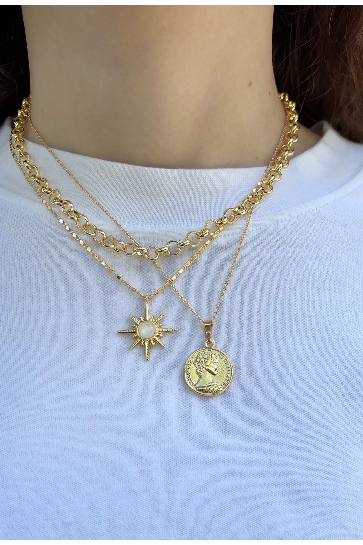 Eylülün Takısı Kadın Gold Renk 3 Adet Pinterest Kuzey Yıldızı Kolye Seti