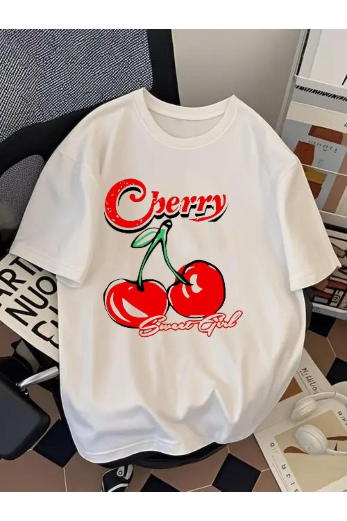 EQİ Cherry Baskılı Oversize T-Shirt