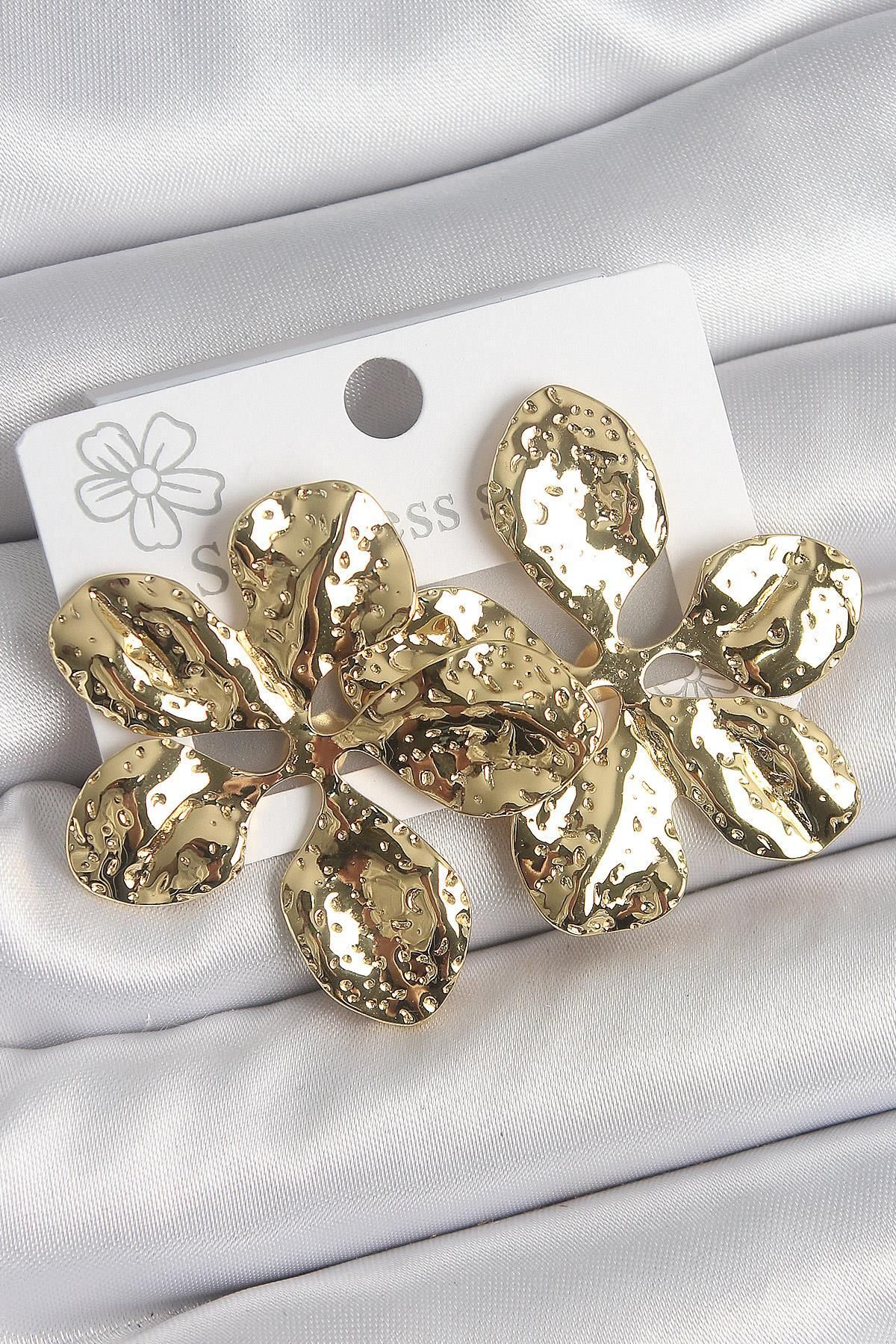prativas 316 Çelik Gold Renk İşlemeli Yaprak Model Kadın Küpe