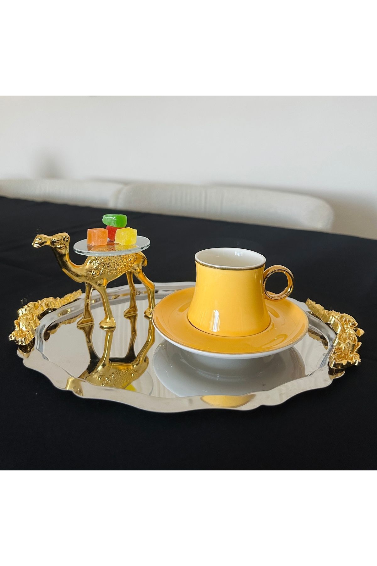 Melinda home Paslanmaz Oval Gold Kulplu Servis Sunum Tepsisi Ve Gold Deve Detaylı Sunumluk Lokumluk