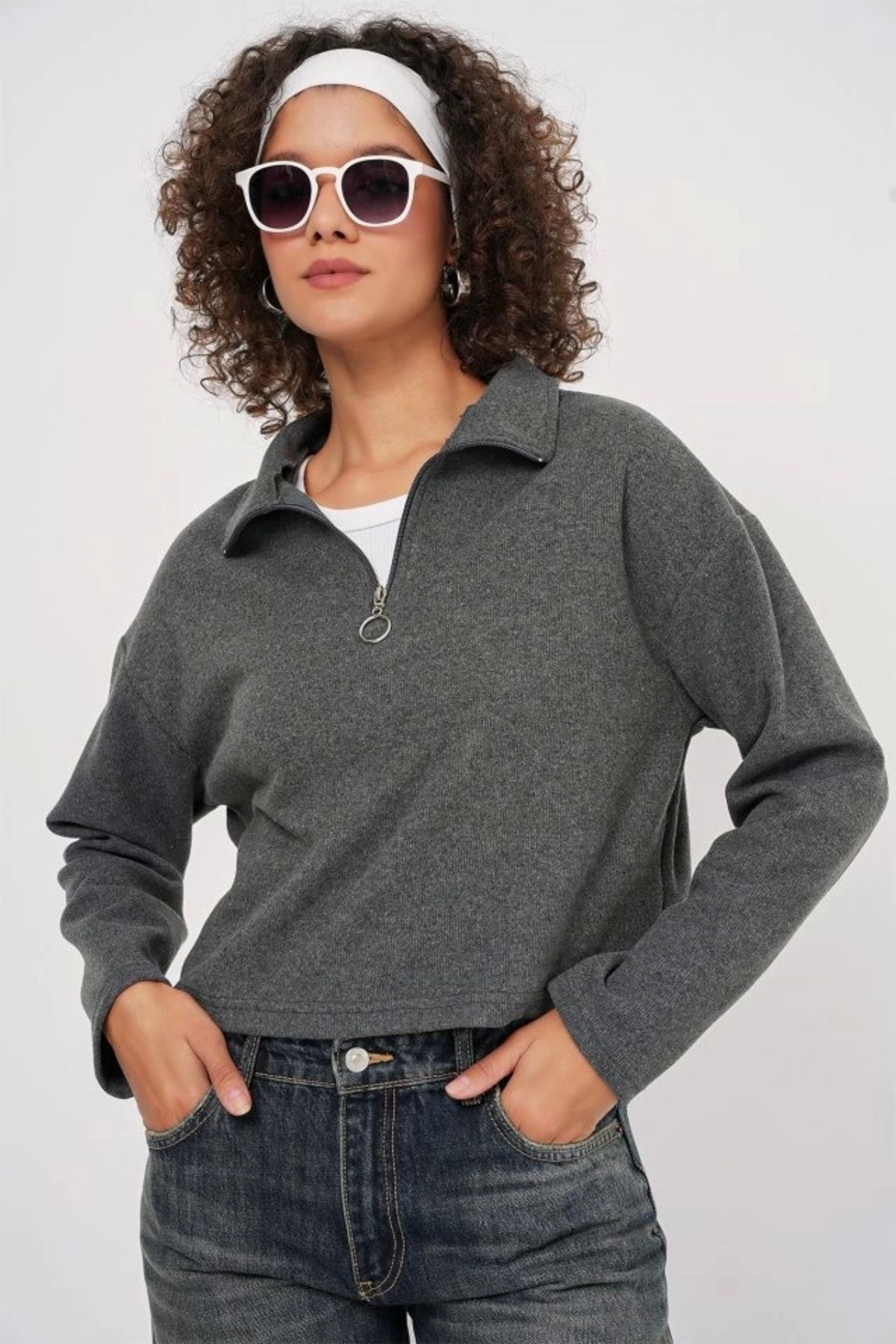 Silerra 55449 Fermuarlı Yaka Örme Sweatshirt - Antrasit
