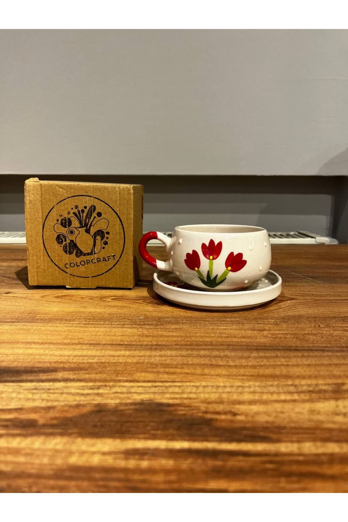ColorCraft Kırmızı Çiçek Desenli Tabaklı Seramik Kupa, Mug, Double Türk Kahvesi Filtre kahve