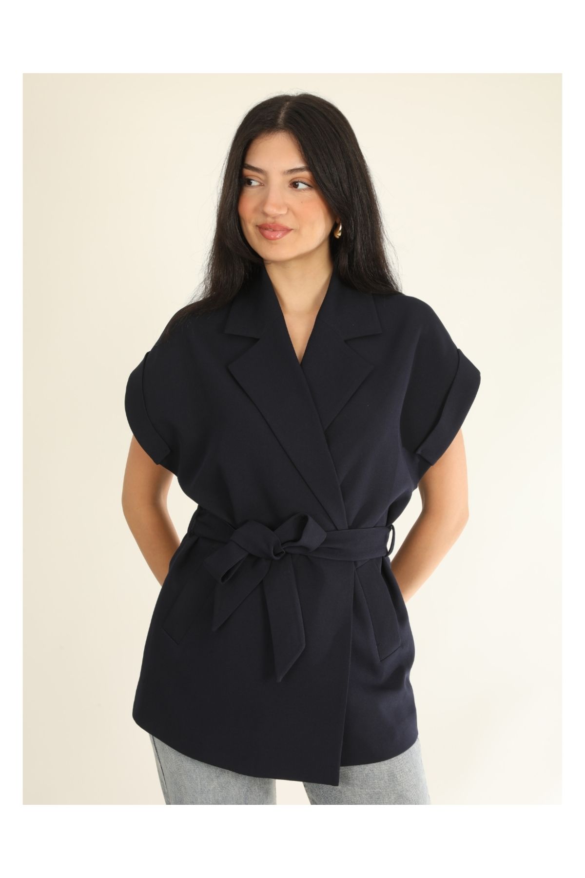 DEQ FASHION Kadın Lacivert Düşük Omuzlu Oversize Kuşaklı Yelek