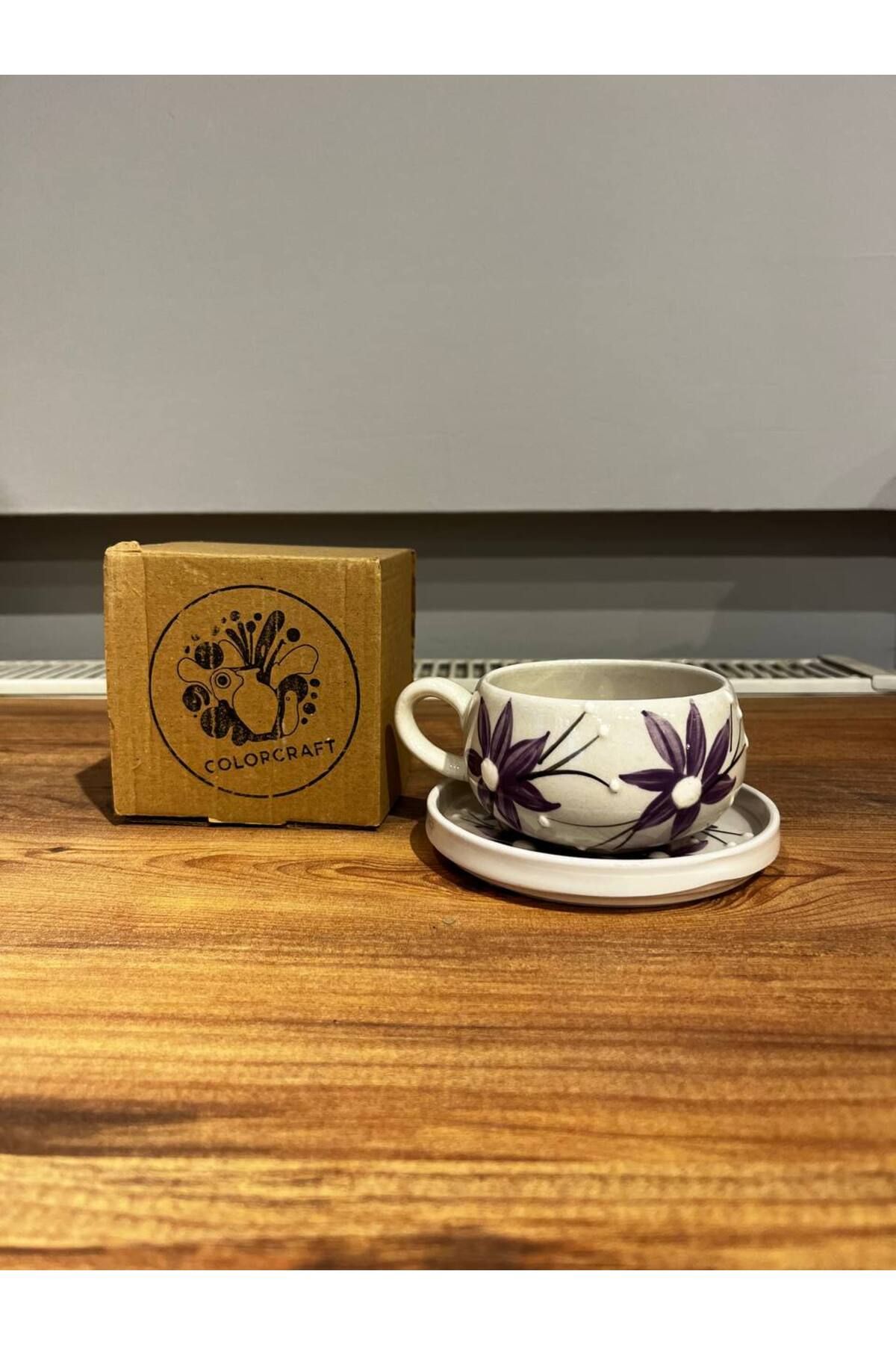 ColorCraft Mor Çiçek Desenli Tabaklı Seramik Kupa, Mug, Double Türk Kahvesi Filtre kahve