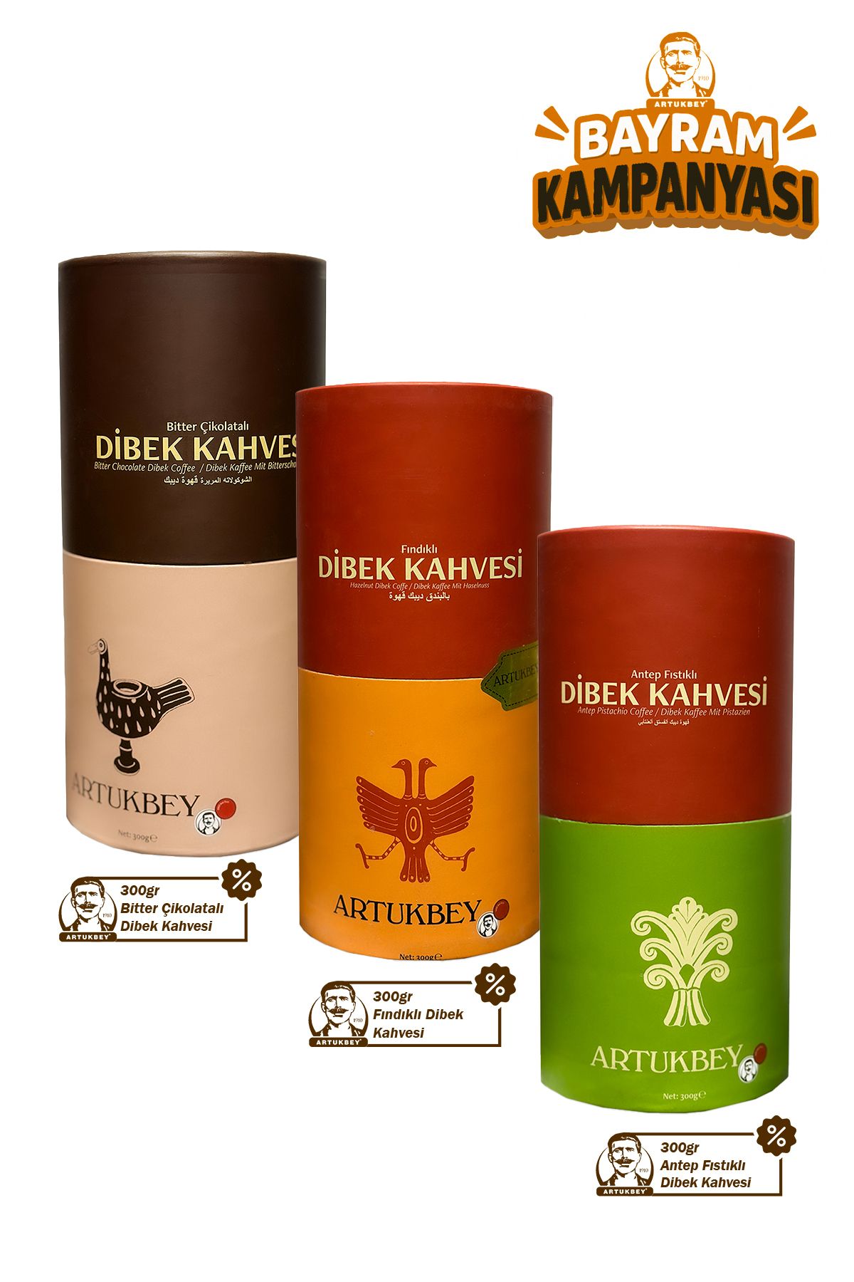 ARTUKBEY 3'lü Gurme Dibek Kahvesi Seti (Bitter + Fındıklı + Antep Fıstıklı)