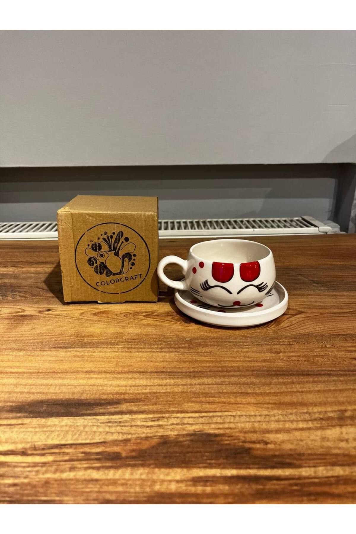 ColorCraft Kedi Desenli Tabaklı Seramik Kupa, Mug, Double Türk Kahvesi Filtre kahve