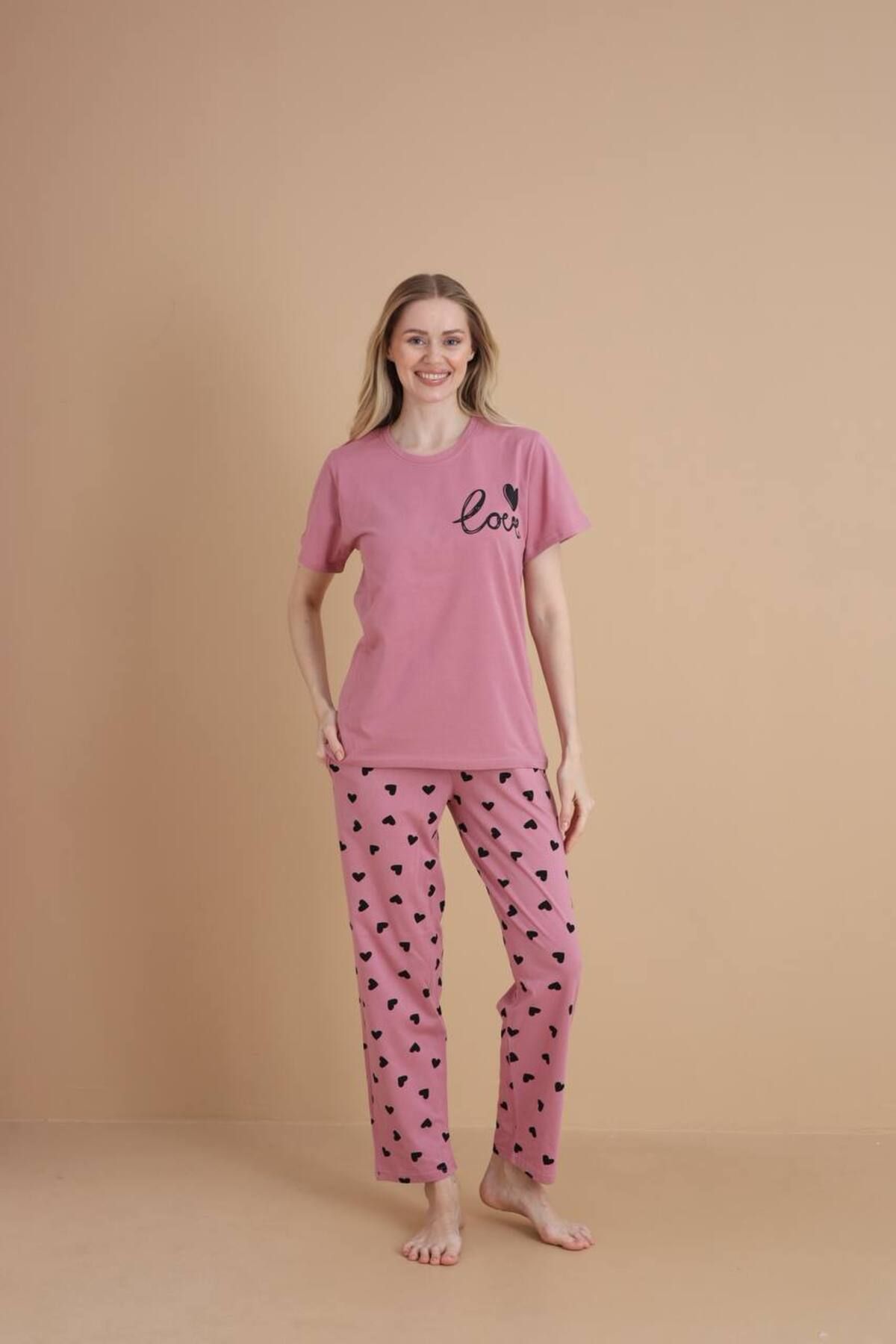 dealp Kadın %100 Pamuk Baskılı Kısa Kol Cepli Yazlık Pijama Takımı