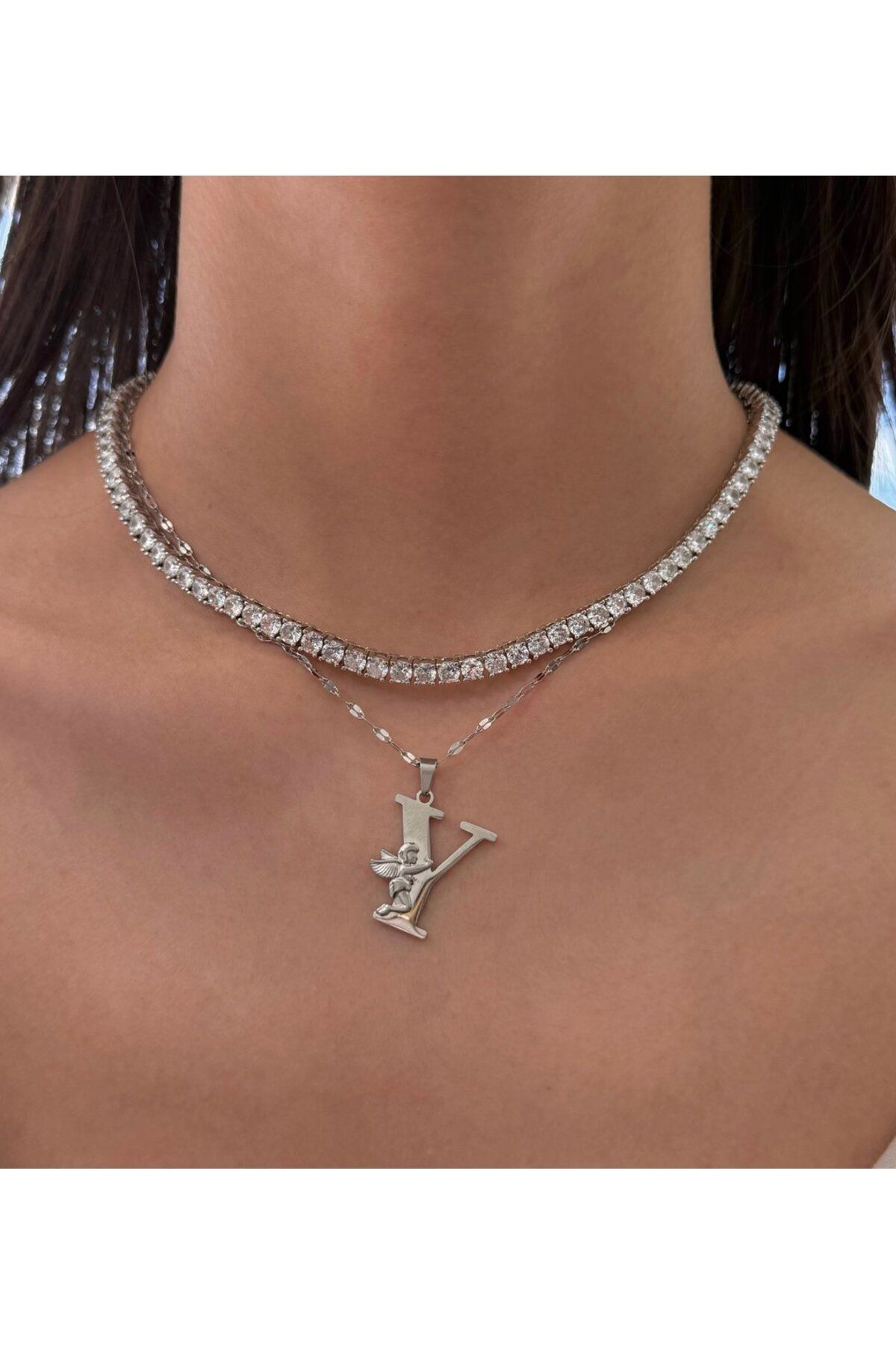 h&b design jewel Çelik Melek Detay Y Harfli Kolye