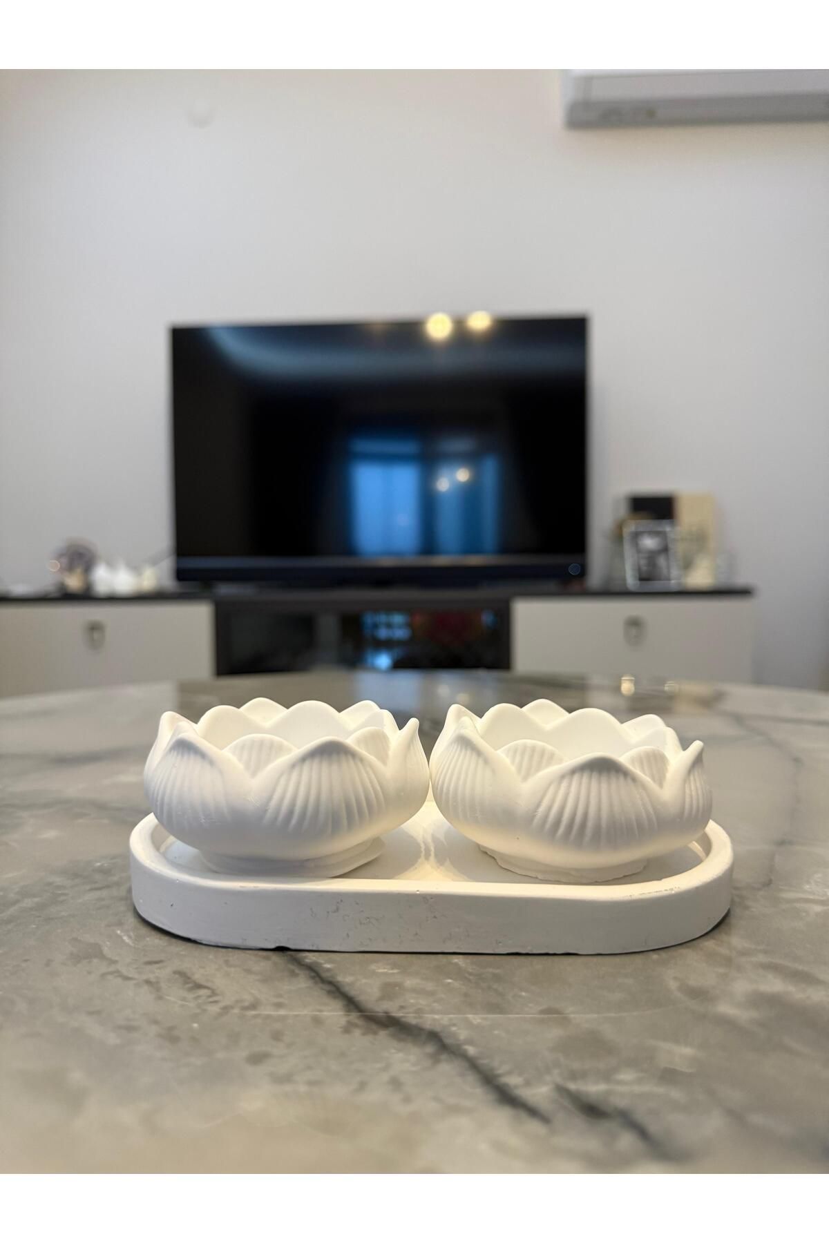 Aysili Dekorasyon Taş Tozu Lotus Mumluk Dekoratif Set