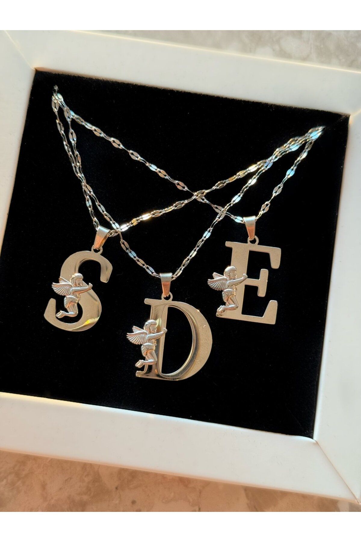h&b design jewel Çelik Silver Melek Detaylı E Harfli Kolye