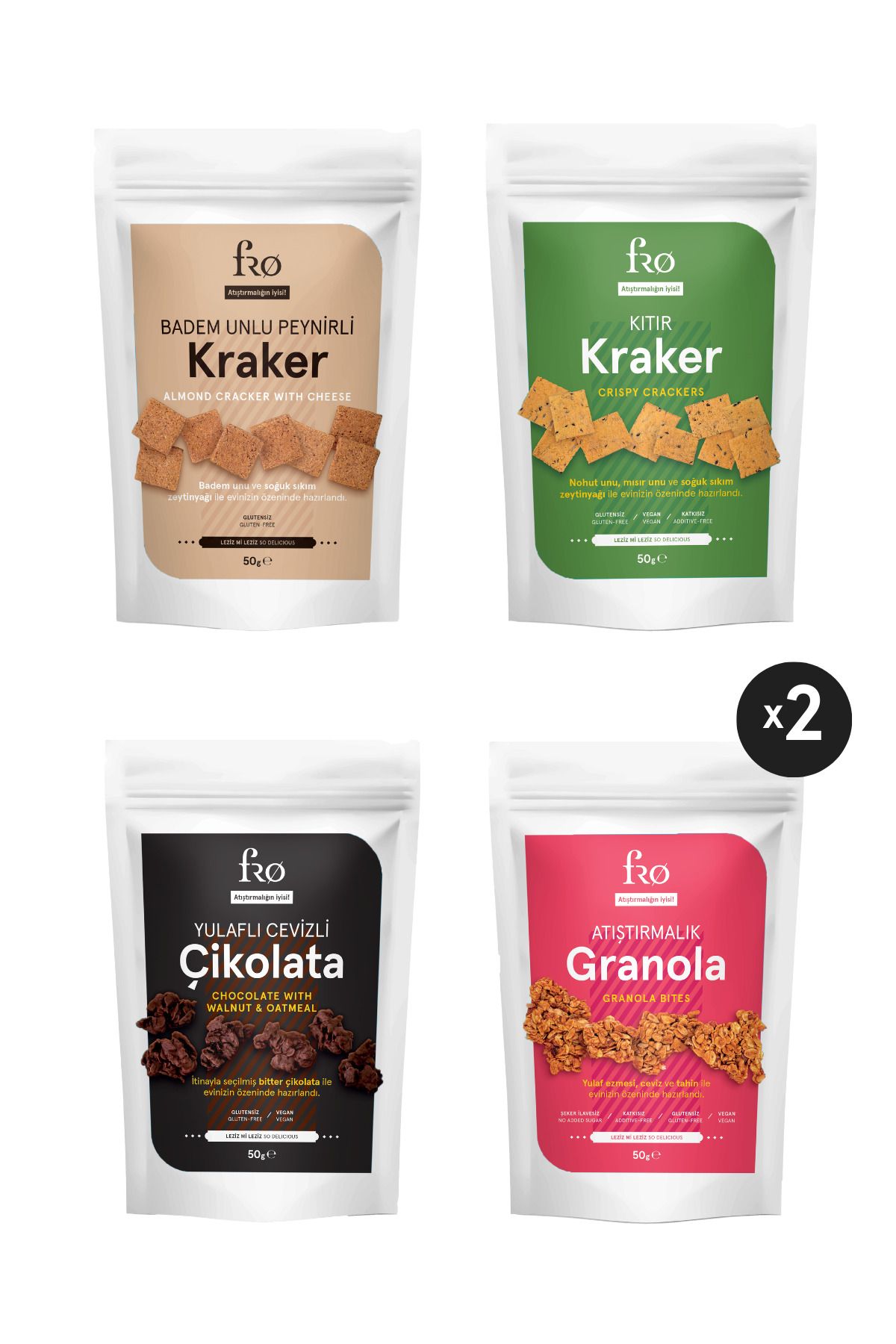 FRO 5'li Glutensiz Katkısız Sağlıklı Atıştırmalık Kraker, Yulaflı Cevizli Çikolata, Granola Bite