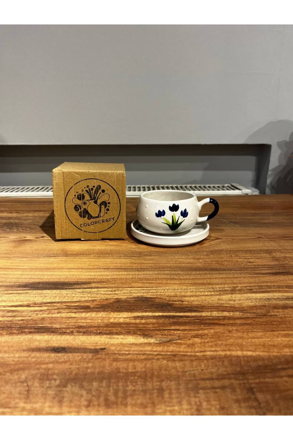 ColorCraft Mavi Çiçek Desenli Tabaklı Seramik Kupa, Mug, Double Türk Kahvesi Filtre kahve