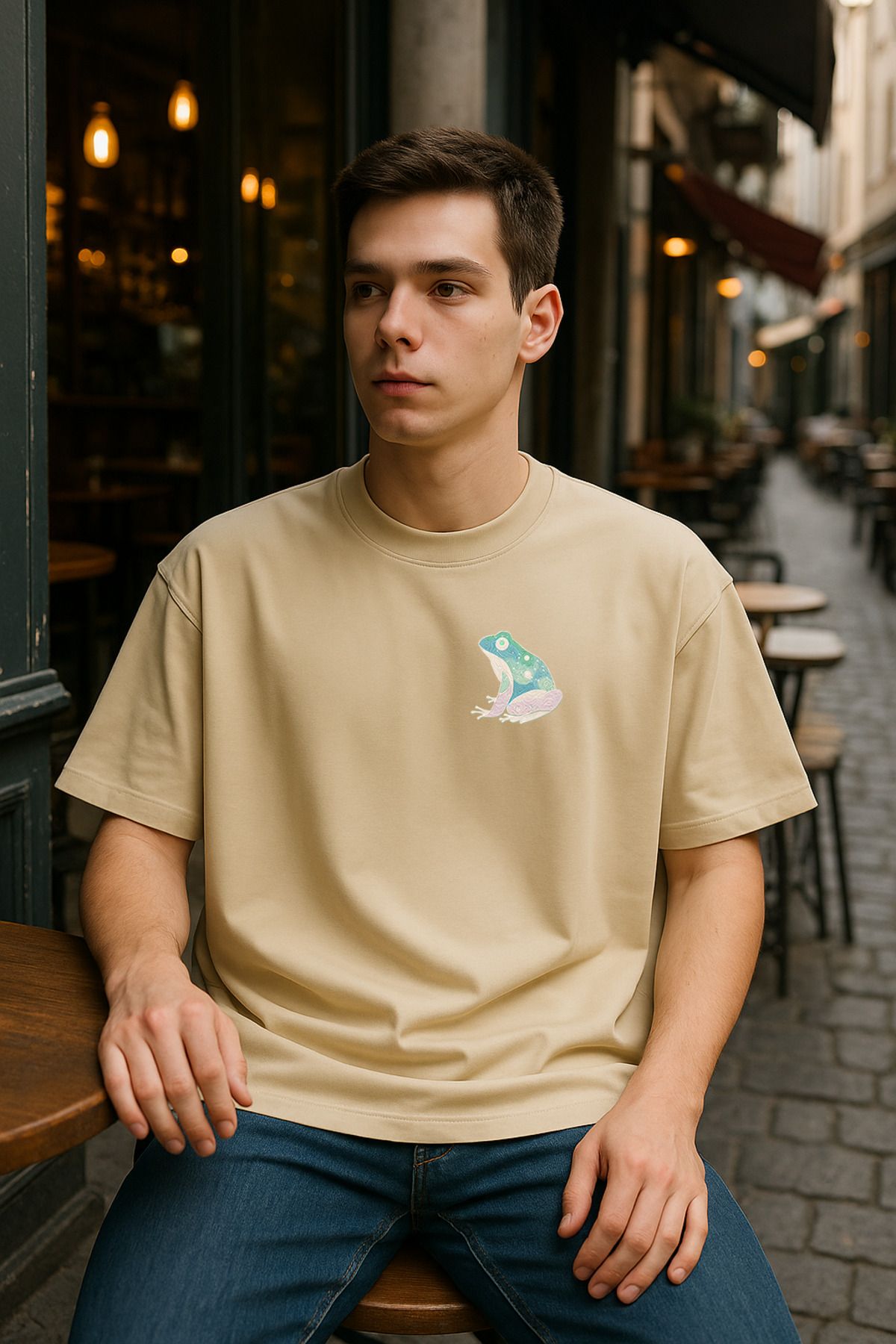 wolka Kurbağa Baskılı Unisex %100 Pamuk Oversize Bisiklet Yaka Bej T-shirt