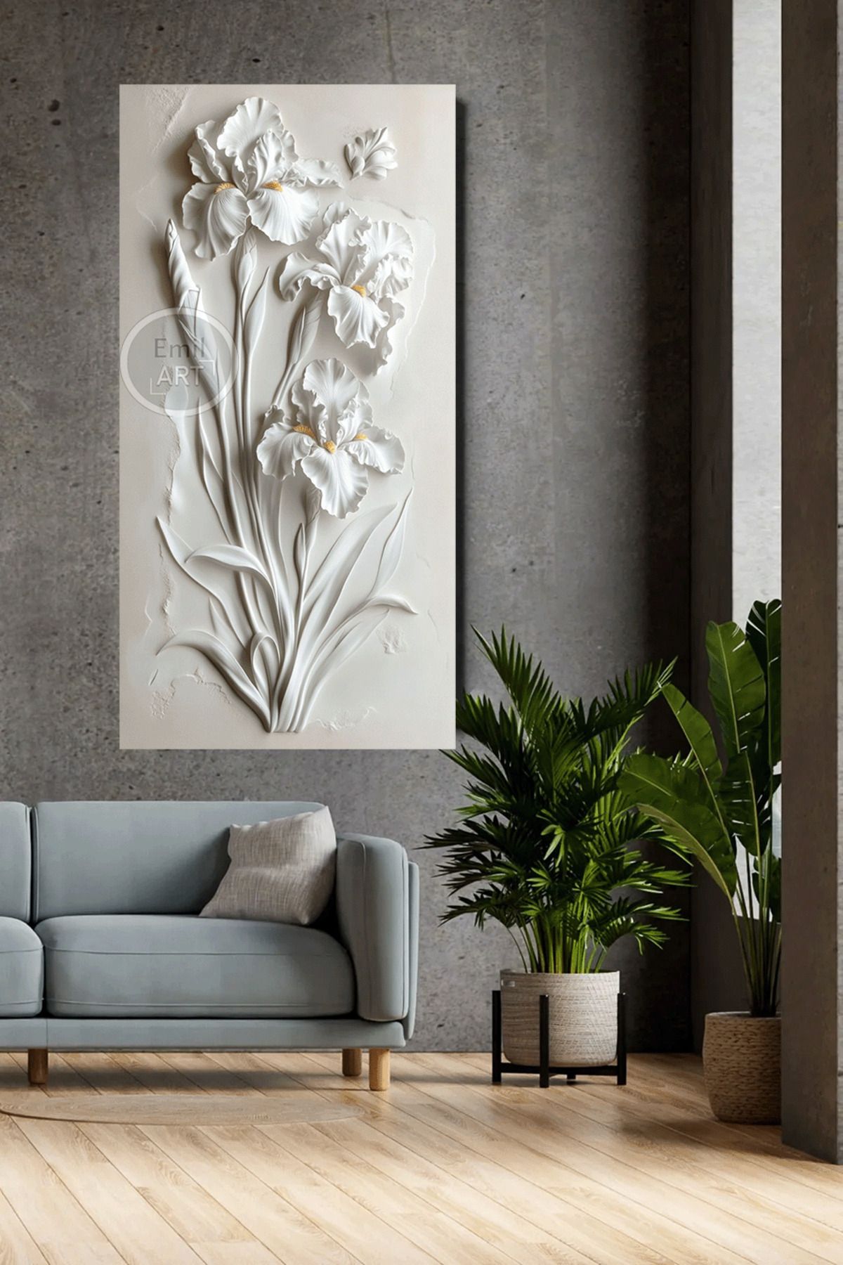 EMİLART Minimalist İris Çiçeği TabloBeyaz Kabartma Görünümlü Çiçek Deseni Duvar Sanatı Kanvas Tablo