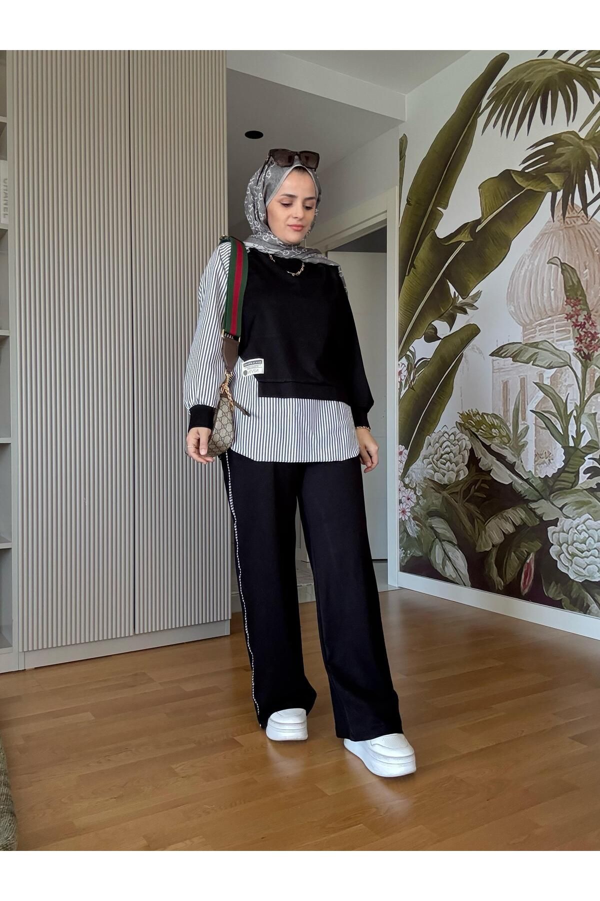 Aselim Hijap Moda Modal Kumaş Gömlek Detaylı Tesettür İkili Takım - Rahat Kombin Siyah