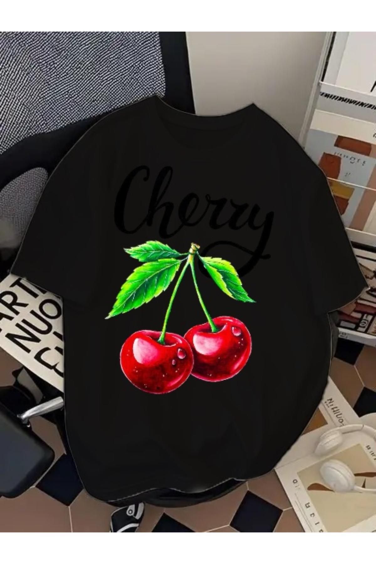 EQİ Cherry Baskılı Oversize T-Shirt