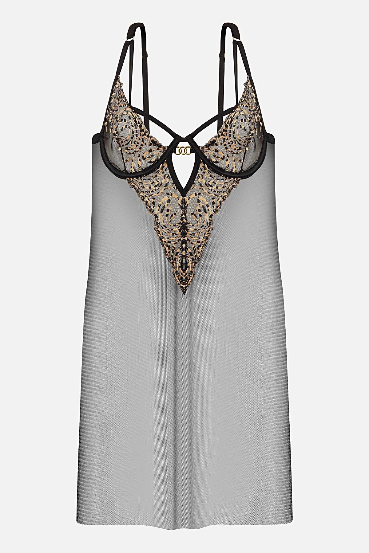 TUMX Leopar Desenli Gold Aksesuarlı Kapsız Gecelik - Balenli - 2730 - Siyah