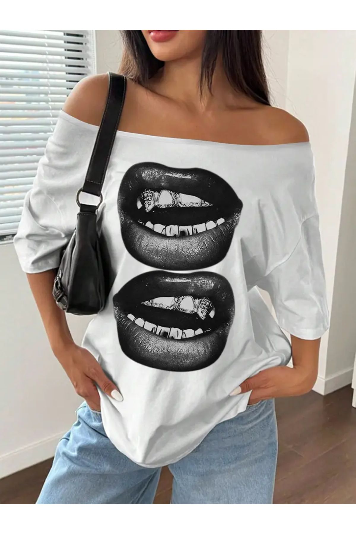 Koklonmoda Büyük Beden Kadın Düşük Omuz Kayık Yaka Baskılı T-Shirt