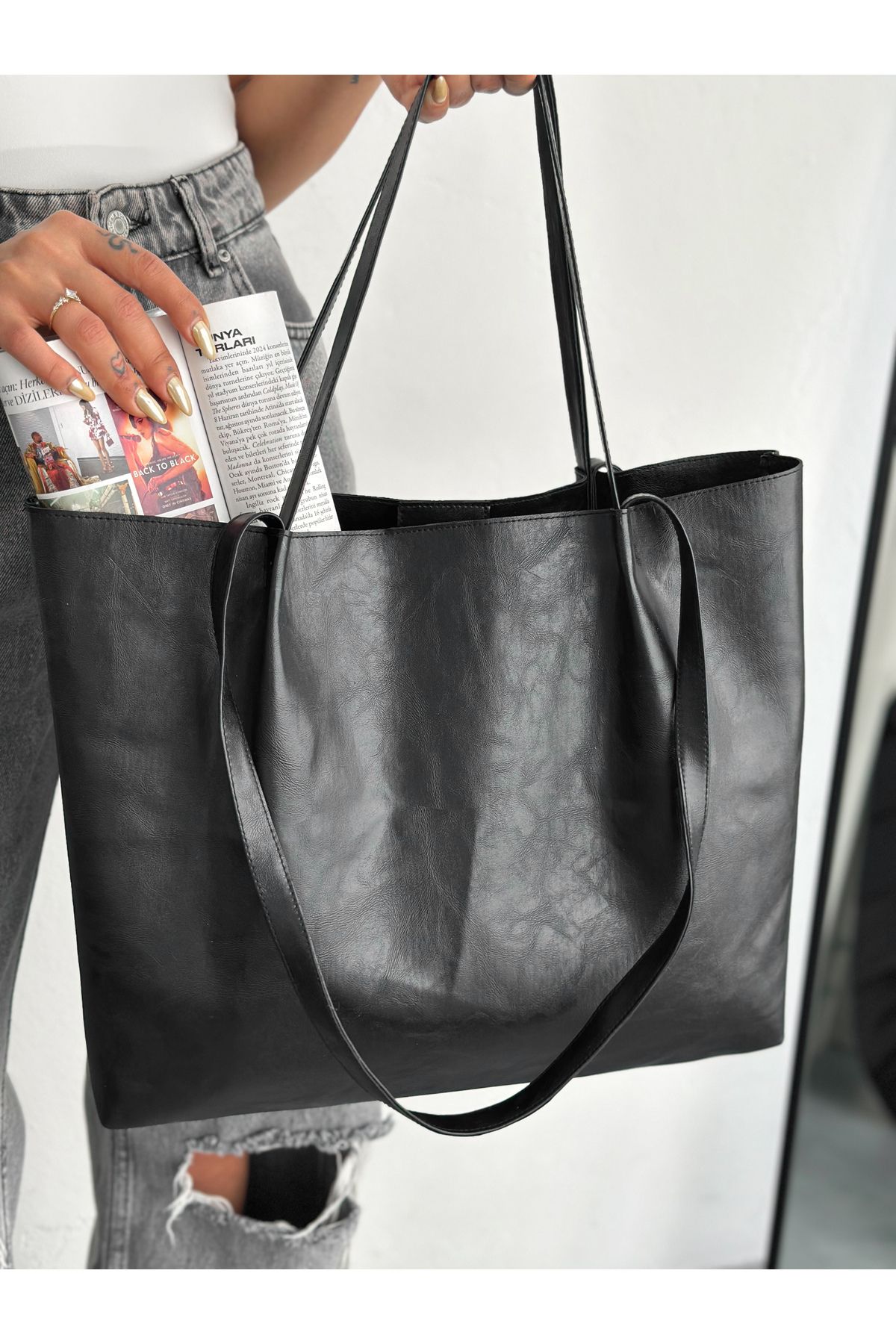 coaksco Kadın Soft Dokulu Büyük Boy Siyah Shopper Çanta