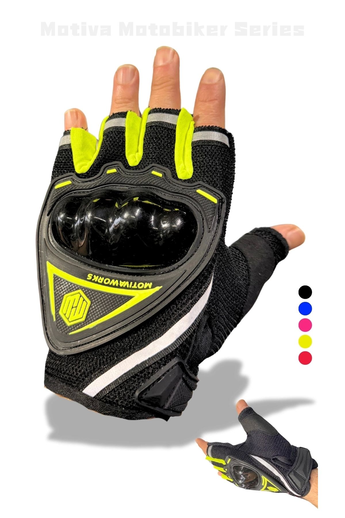 MotivaWorks Neon Sarı Kısa Yarım Parmak Motosiklet Bisiklet Eldiveni MW120N