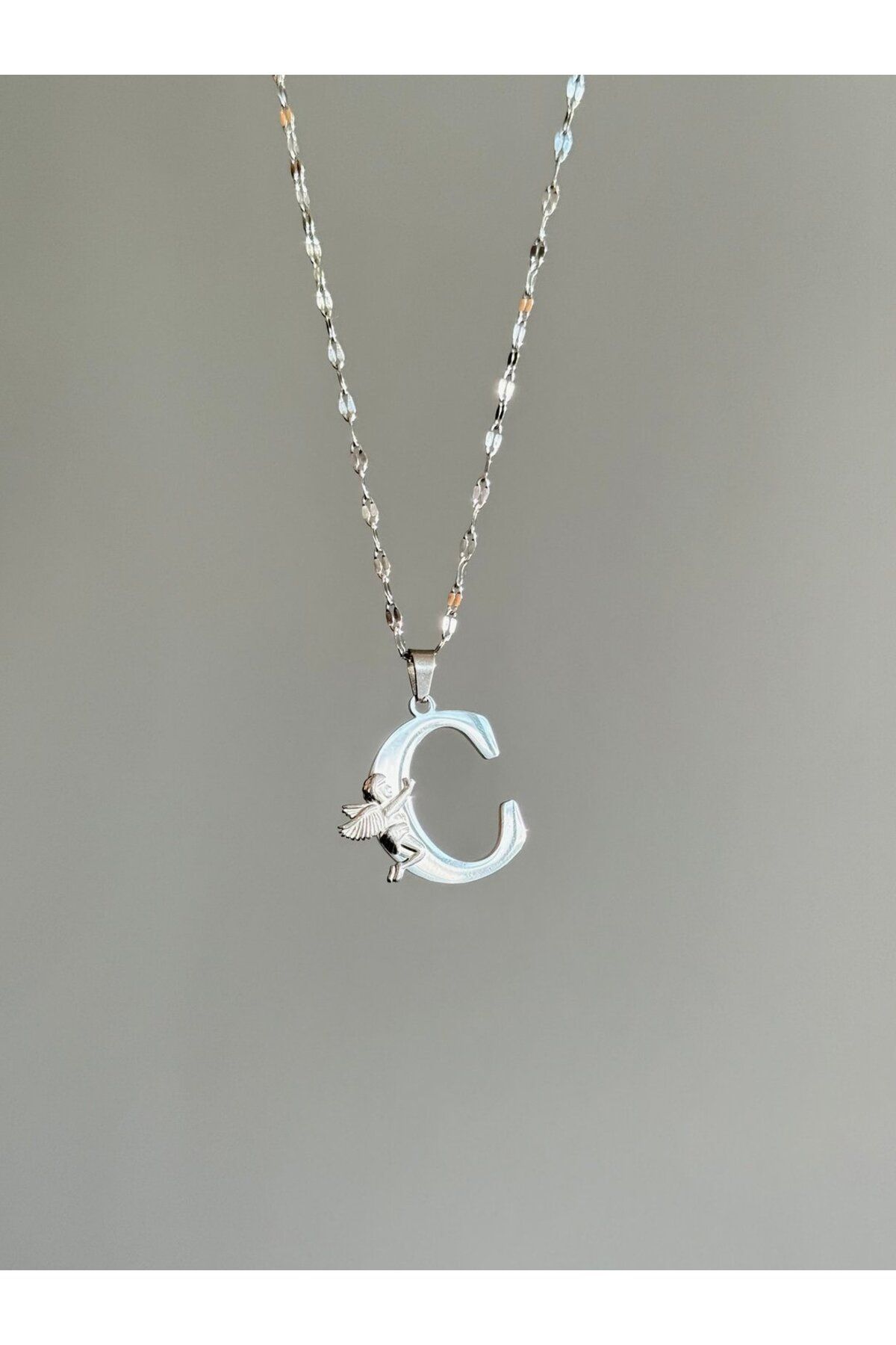 h&b design jewel Çelik Melek Detaylı Silver C Harfli Kolye