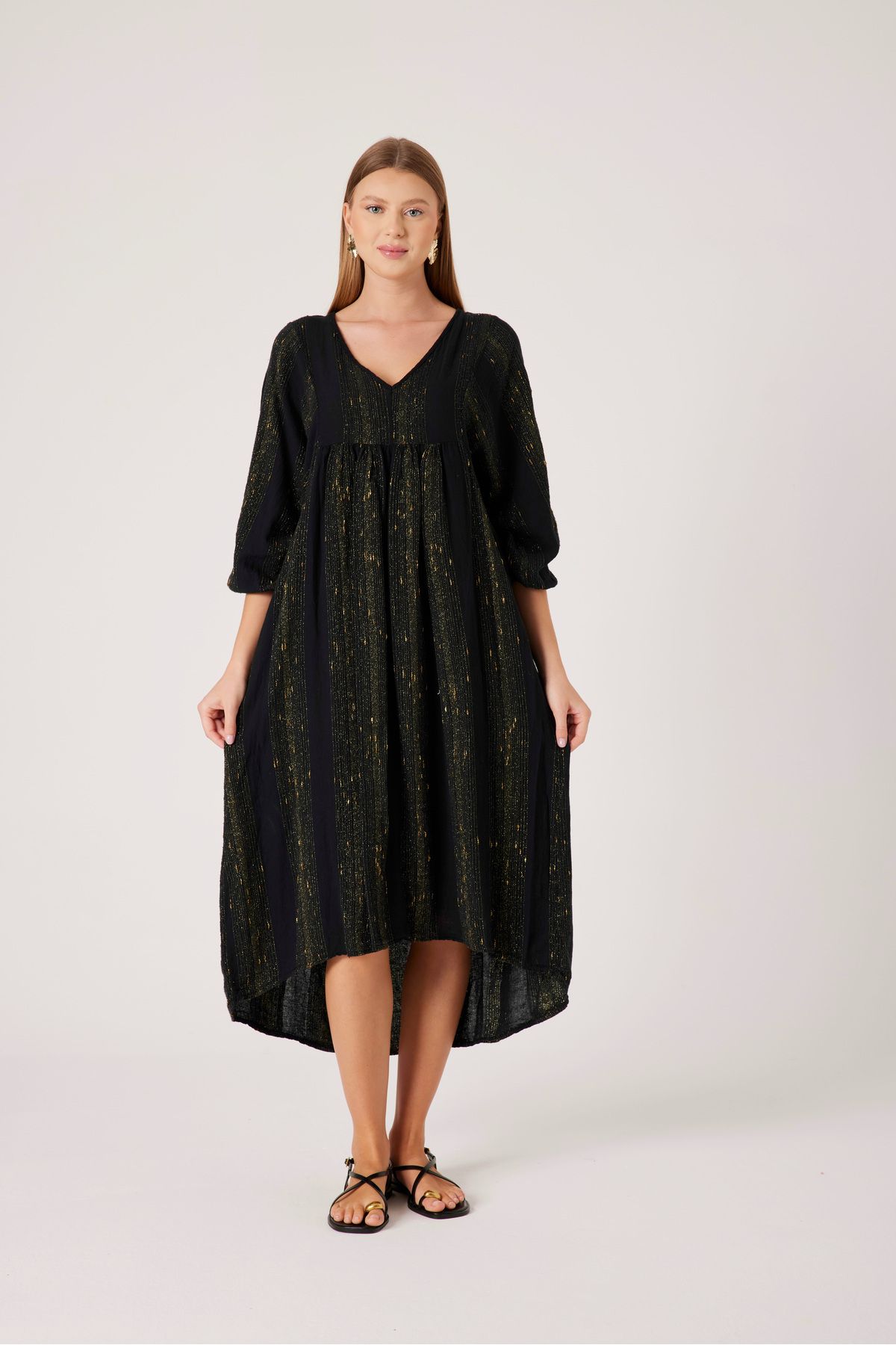 T'u Collection Parıltılı Oversize Siyah Elbise-V Yaka Rahat Kesim