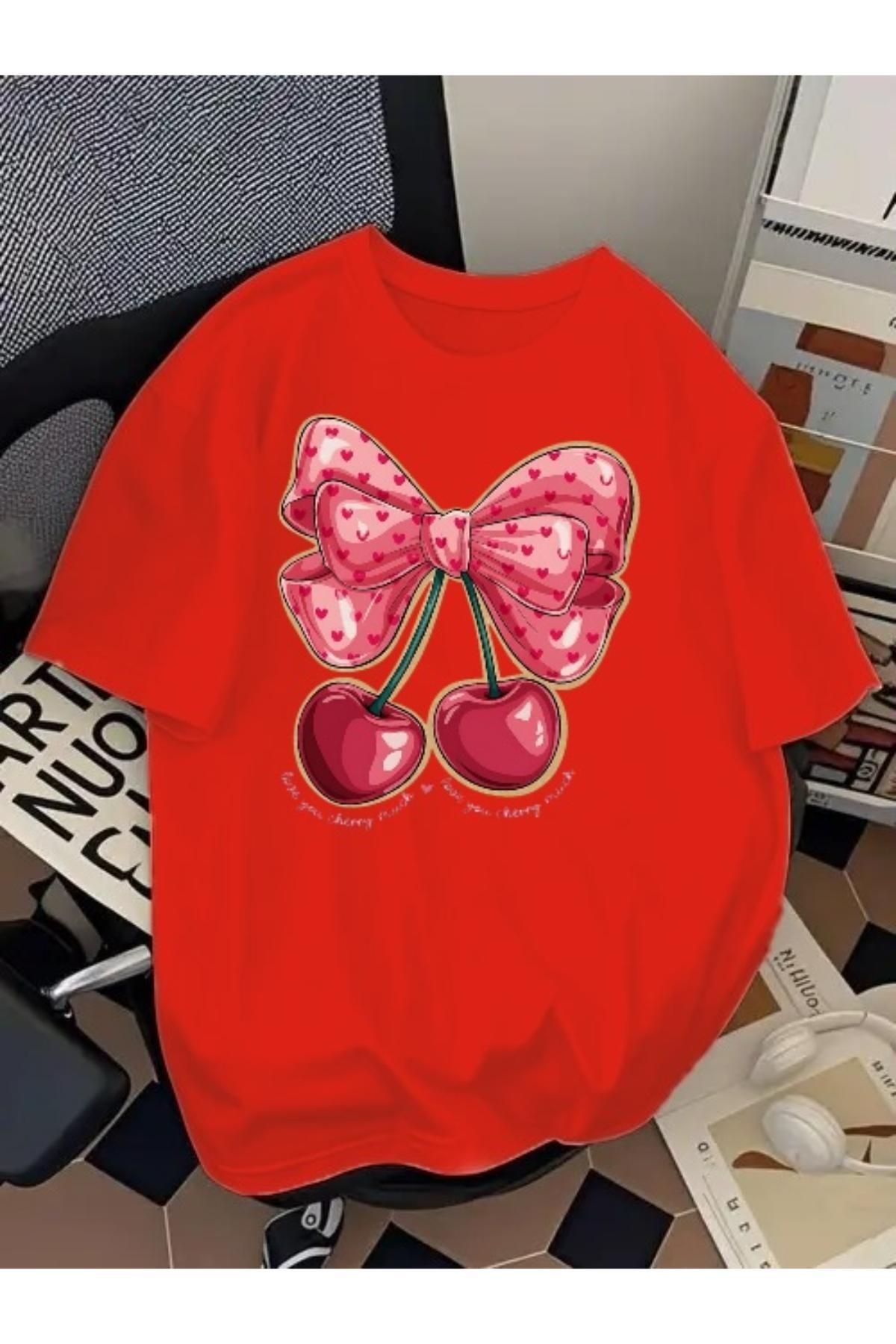 EQİ Cherry Baskılı Oversize T-Shirt